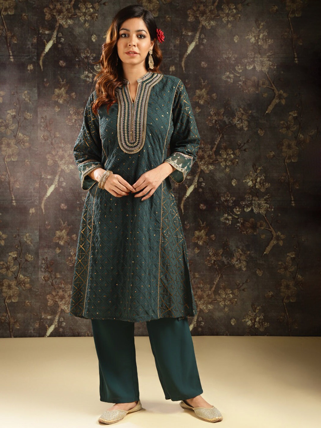 

Lakshita Ethnic Motifs Embroidered Regular A-Line Kurta with Trousers, Green