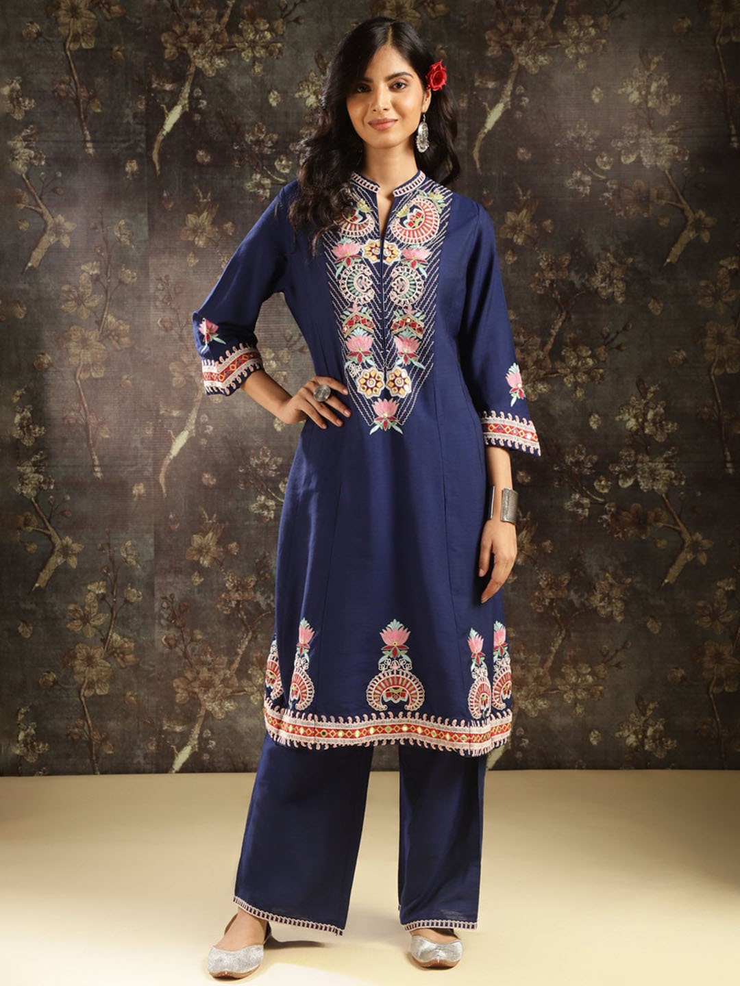 Lakshita Floral Embroidered Panelled Kurta with Trousers, Blue