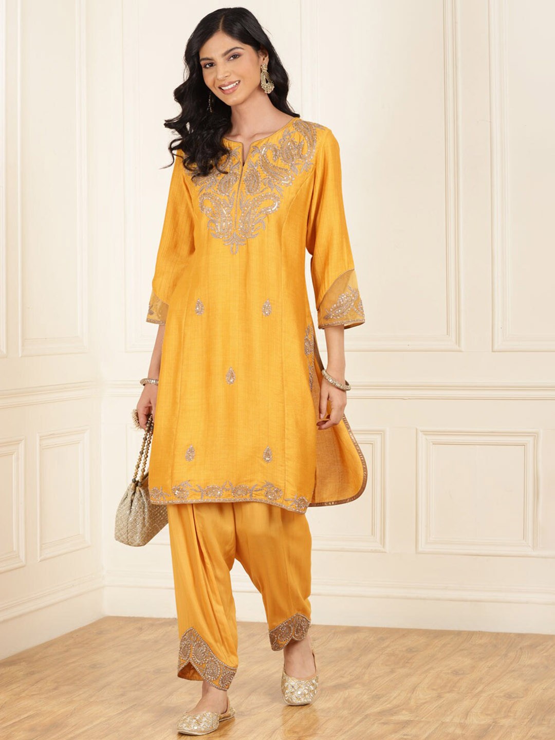 

Lakshita Paisley Embroidered Zardozi Kurta With Dhoti Pants, Mustard