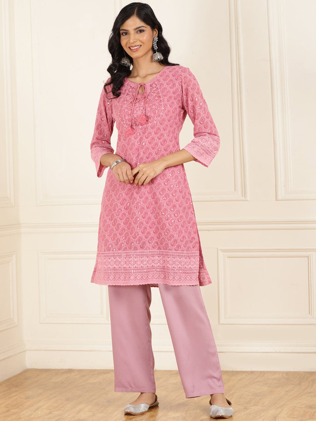 

Lakshita Ethnic Motifs Embroidered Keyhole Neck Sequinned Straight Kurta with Trousers, Pink