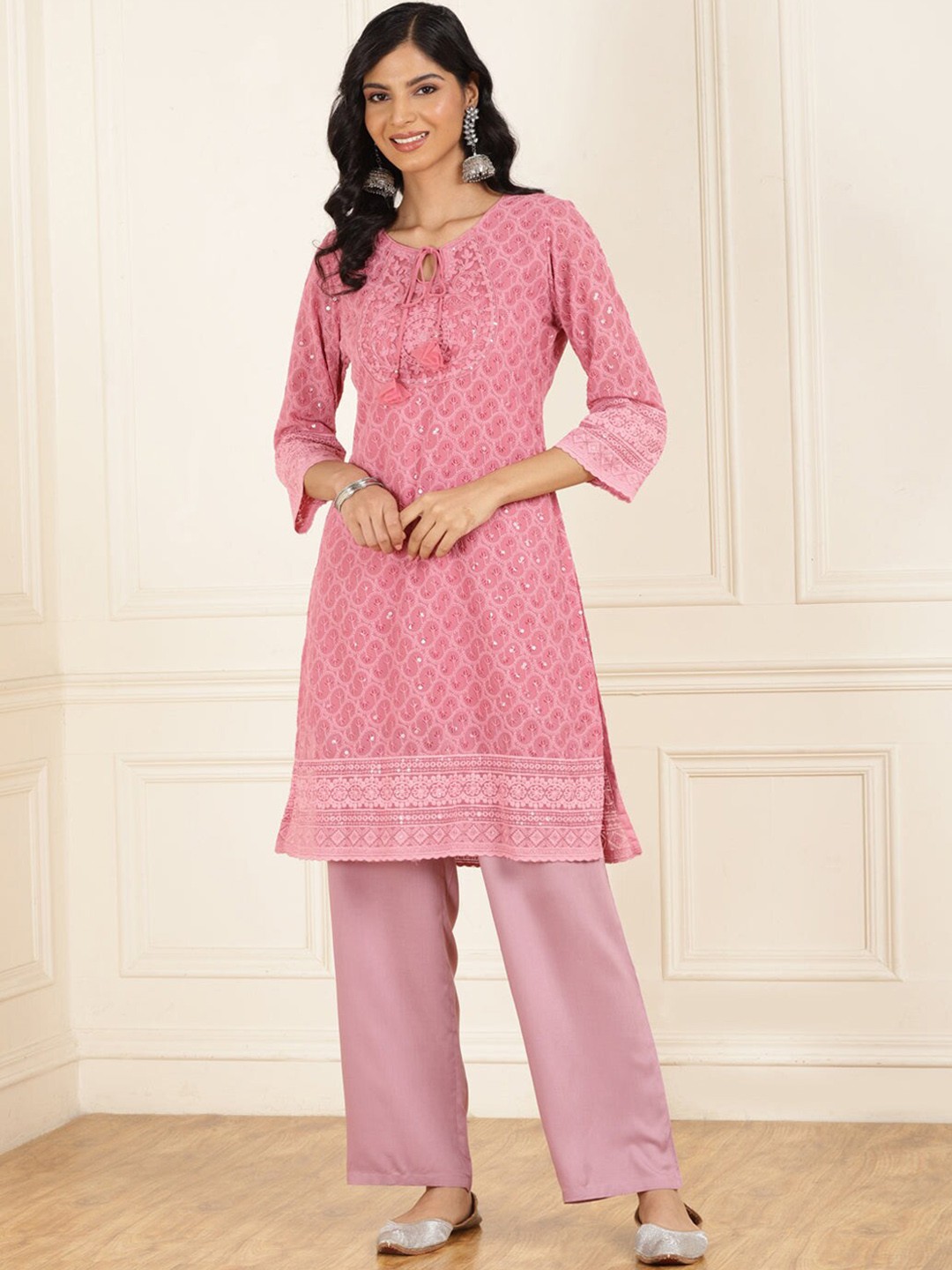

Lakshita Ethnic Motifs Embroidered Regular Thread Work Kurta With Trouser, Pink
