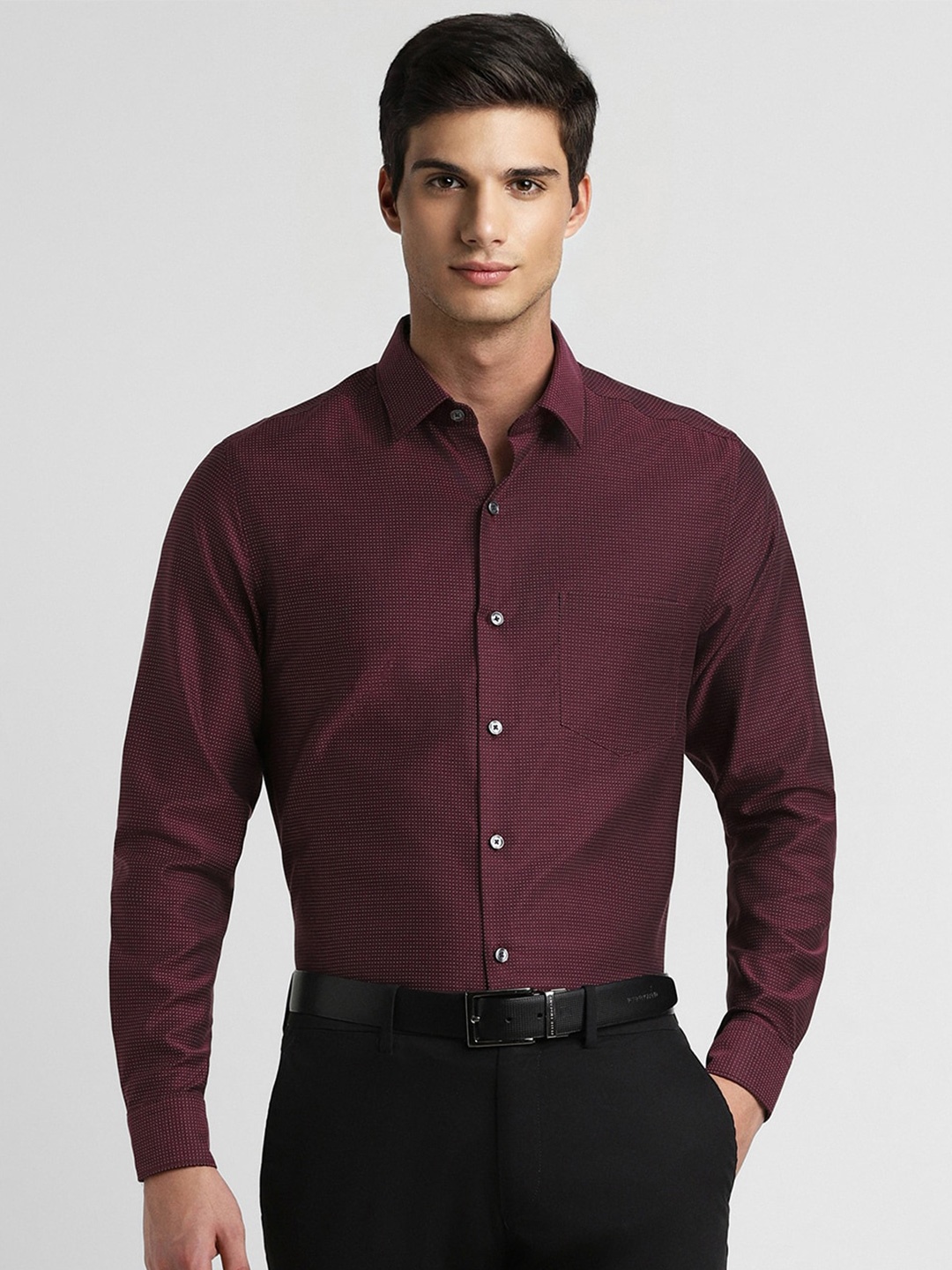 

Peter England Elite Slim Fit Micro Ditsy Printed Spread Collar Pure Cotton Formal Shirt, Purple