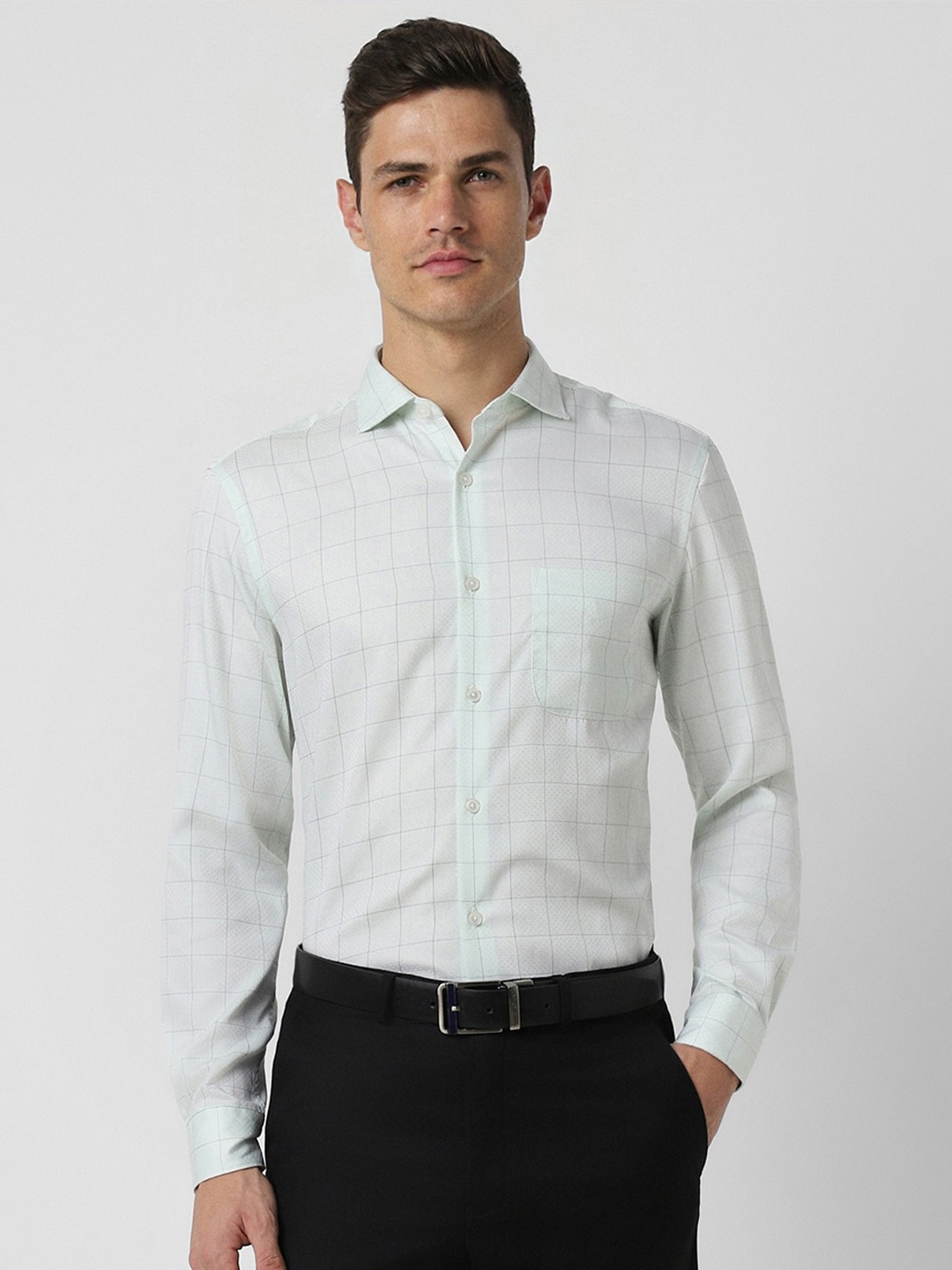 

Peter England Elite Slim Fit Checked Pure Cotton Formal Shirt, Green