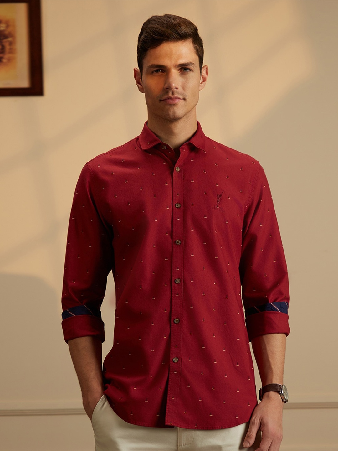 

Peter England Casuals Slim Fit Printed Cricket Inspired Pure Cotton Casual Shirt, Red