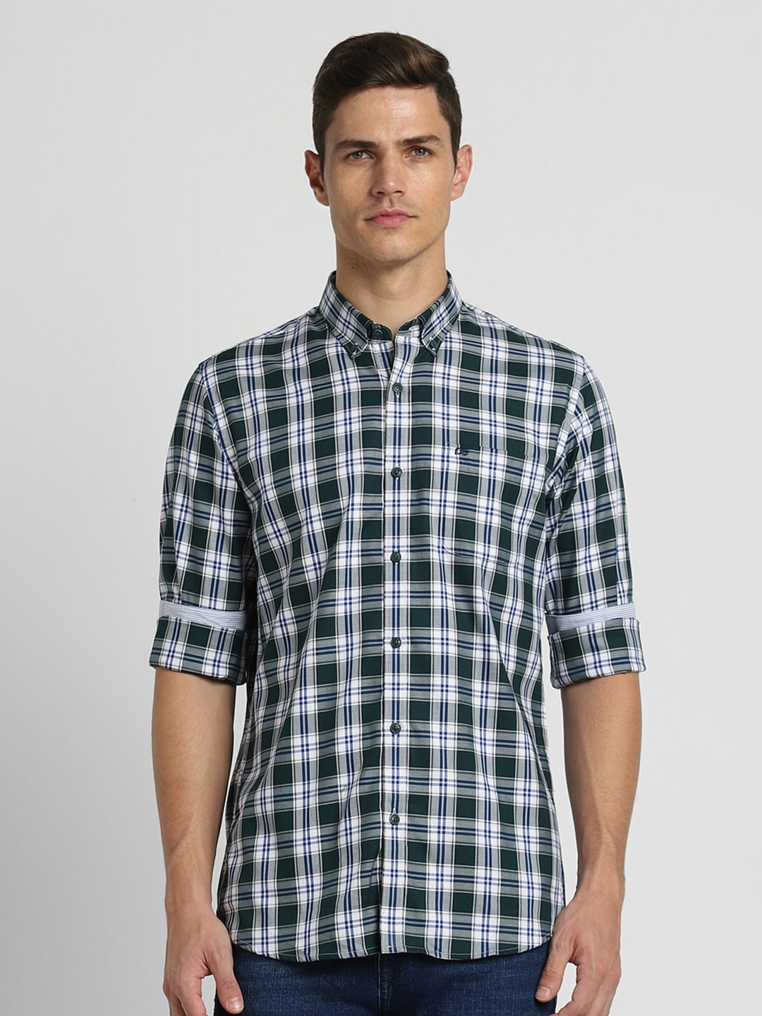 

Peter England Casuals Slim Fit Tartan Checks Button-Down Collar Cotton Casual Shirt, White