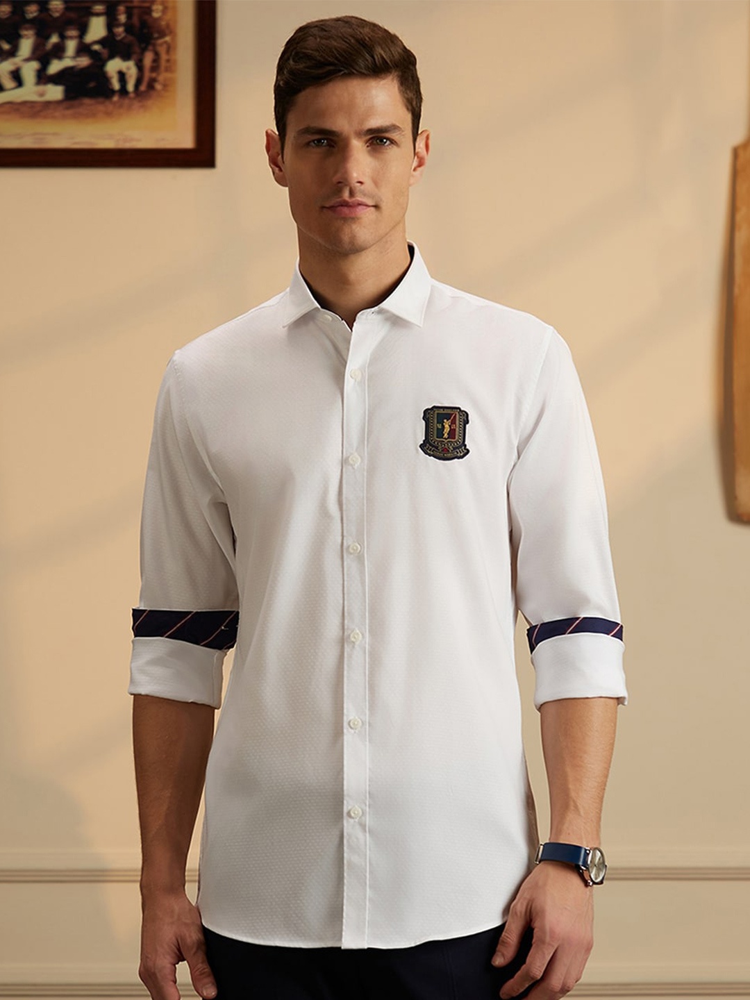 

Peter England Casuals Slim Fit Brand Logo Embroidered Cotton Cricket Inspired Casual Shirt, White