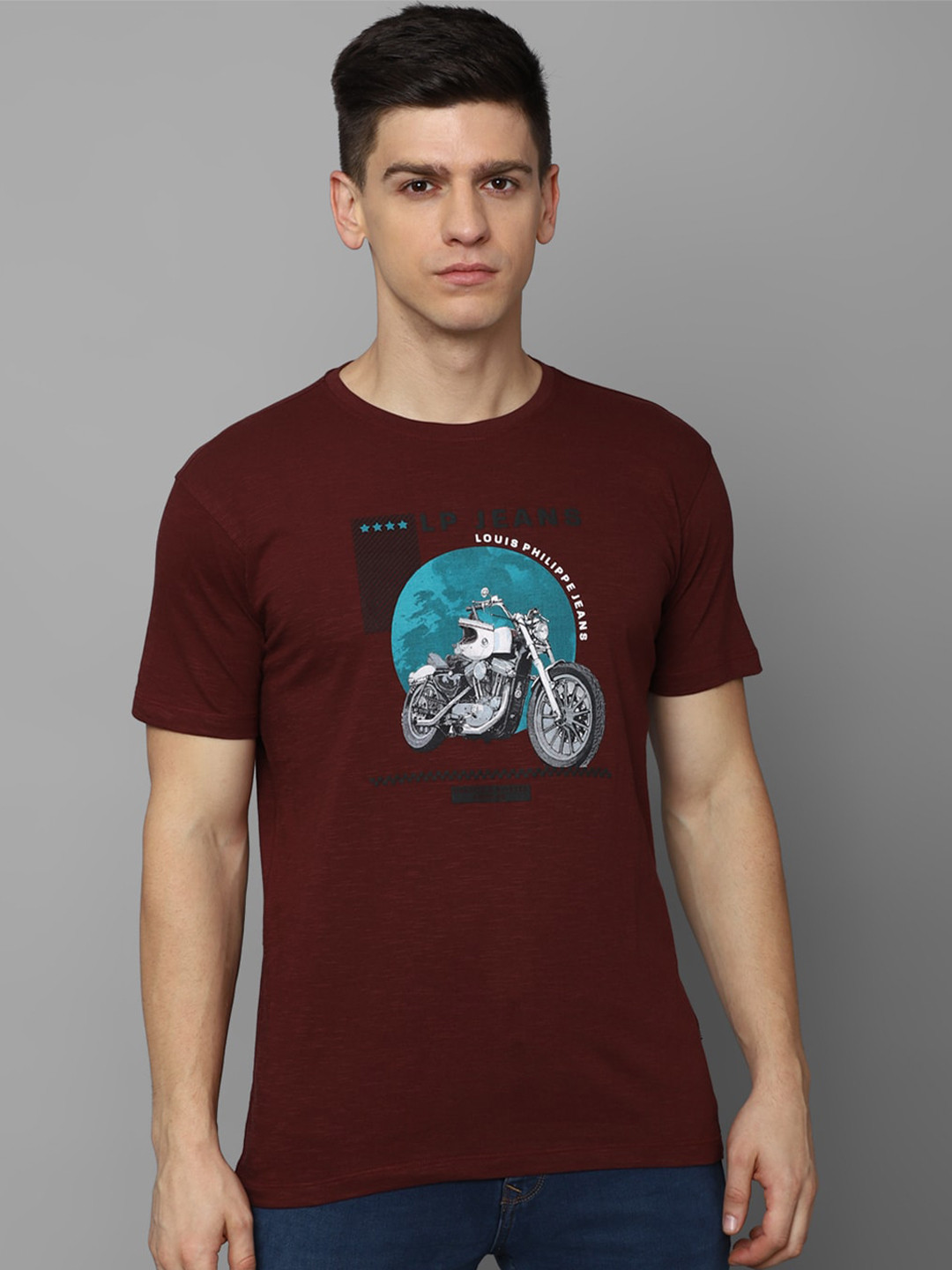 

Louis Philippe Jeans Graphic Printed Slim Fit Pure Cotton T-shirt, Maroon