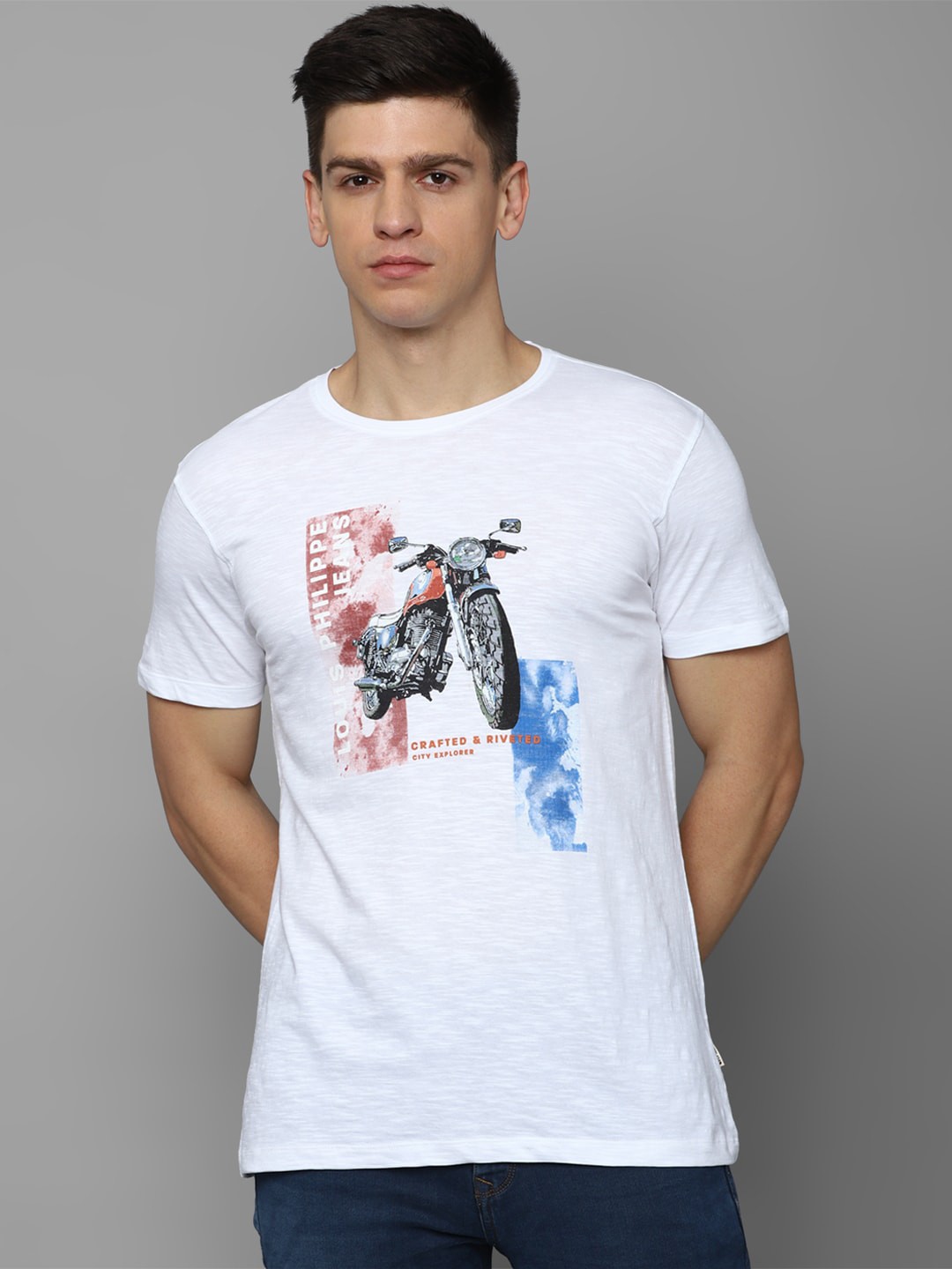 

Louis Philippe Jeans Graphic Printed Slim Fit Pure Cotton T-shirt, White