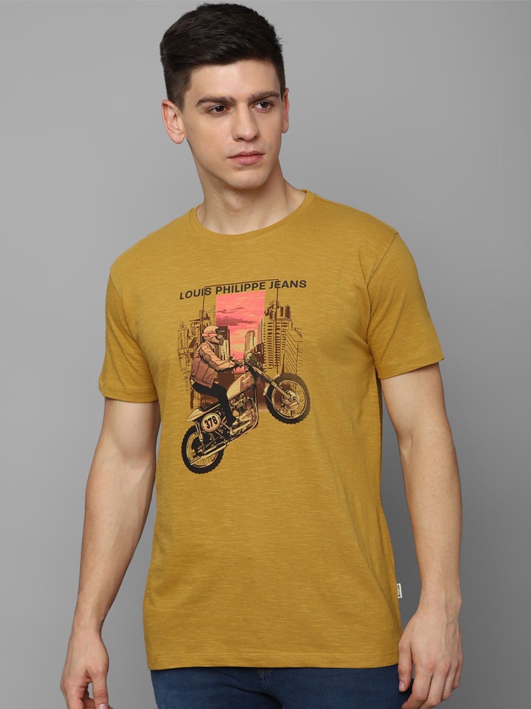 

Louis Philippe Jeans Biker Printed Slim Fit Pure Cotton T-shirt, Yellow