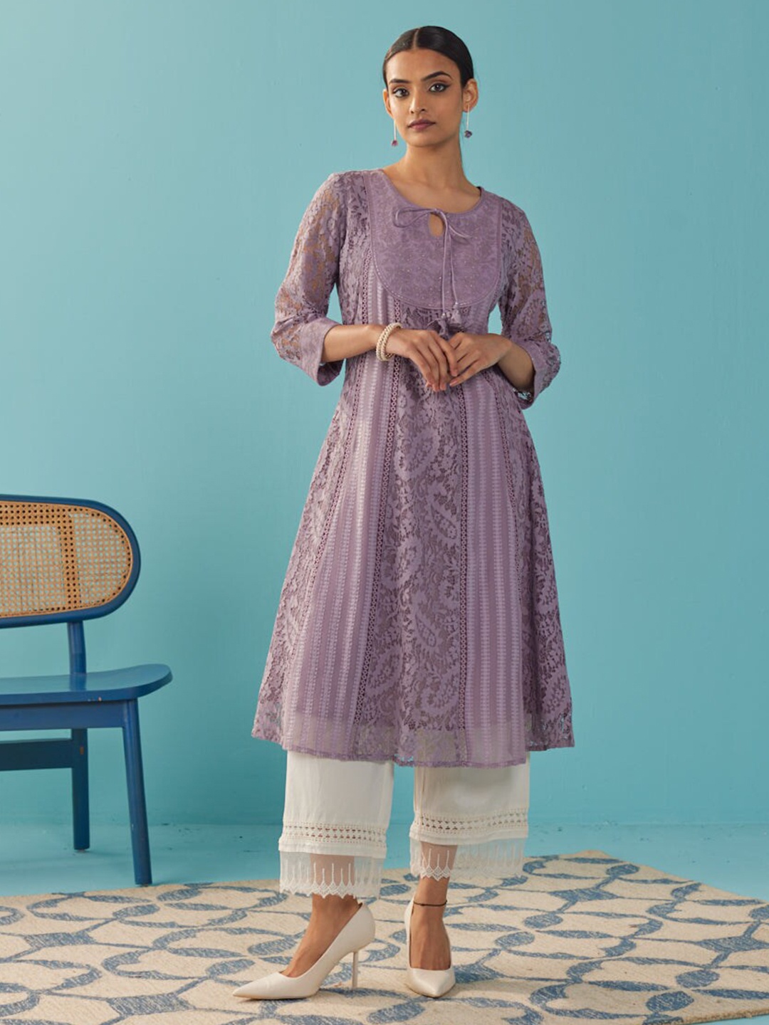 

Lakshita Floral Embroidered Tie-Up Neck A-Line Kurta, Purple