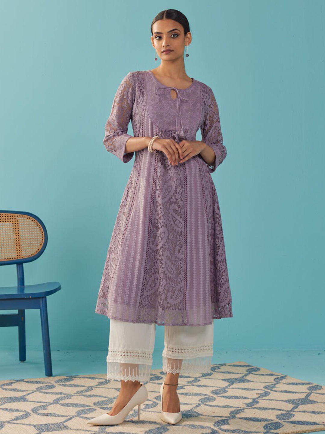 

Lakshita A Line Kalidaar Raschel Kurta With Tassels, Purple