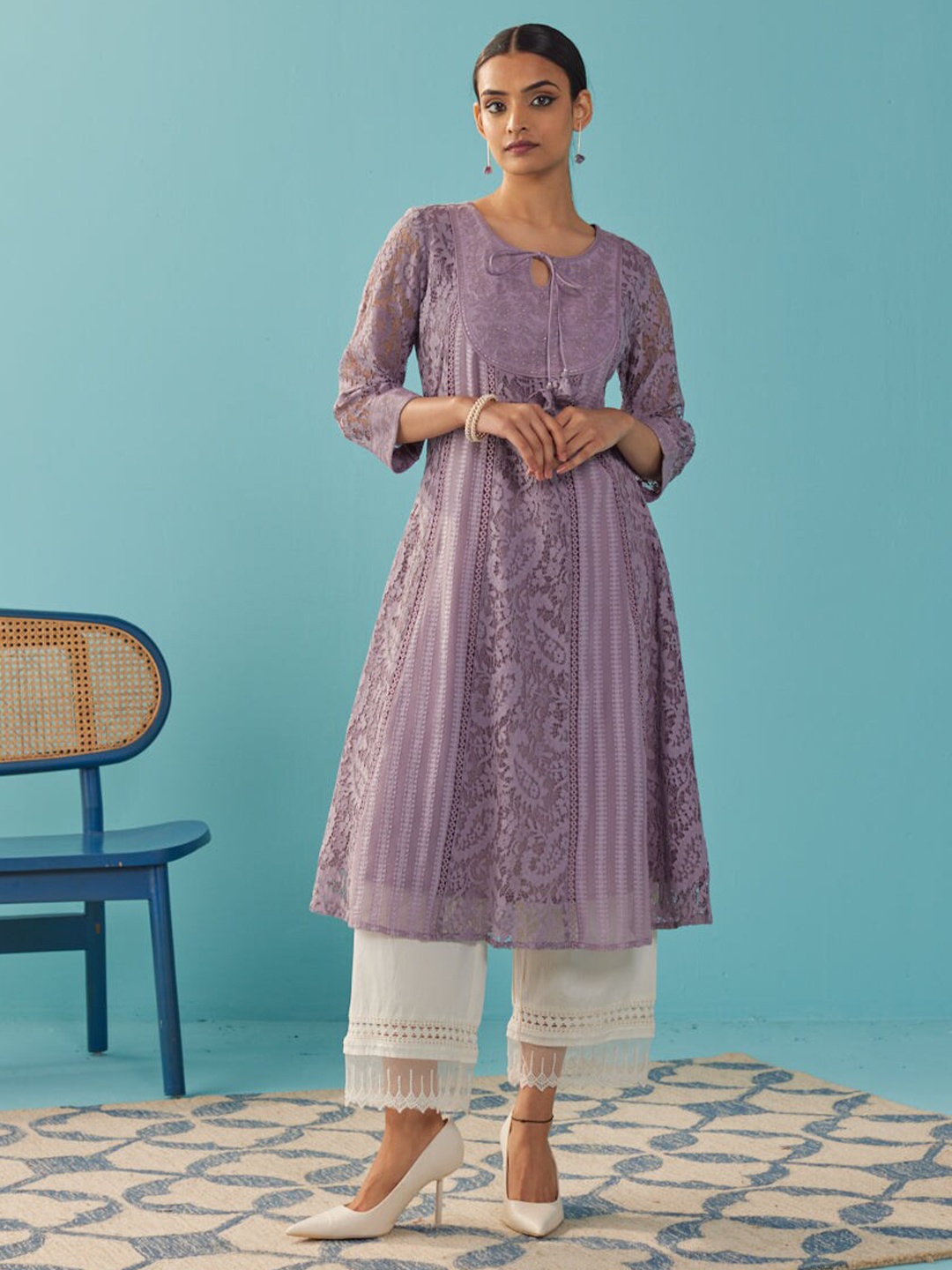 

Lakshita Floral Self Design Tie Up Neck Net A-Line Kurta, Purple