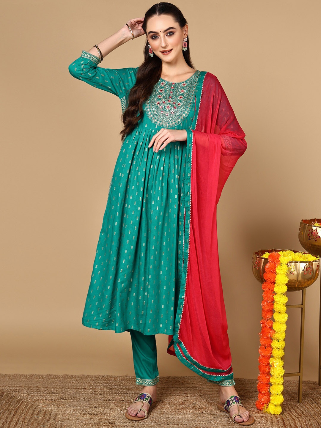 

HERE&NOW Ethnic Motifs Printed Regular Thread Work Kurta With Trousers & Dupatta, Teal