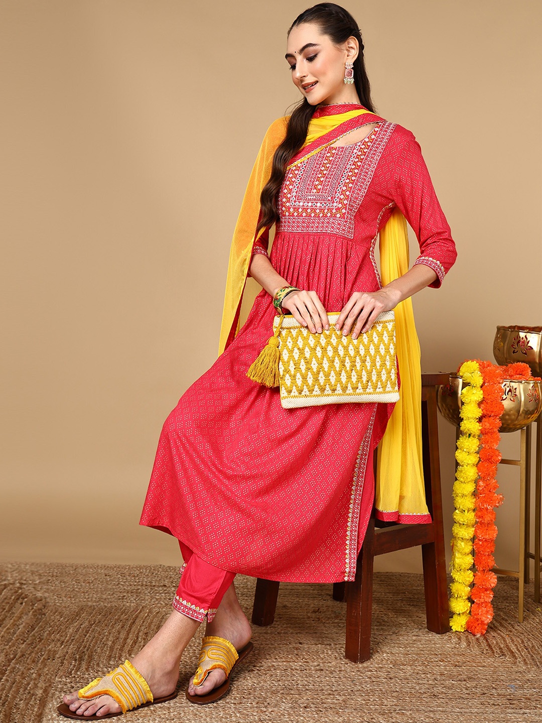 

HERE&NOW Ethnic Motifs Printed Thread Work Kurta With Trousers & Dupatta, Pink