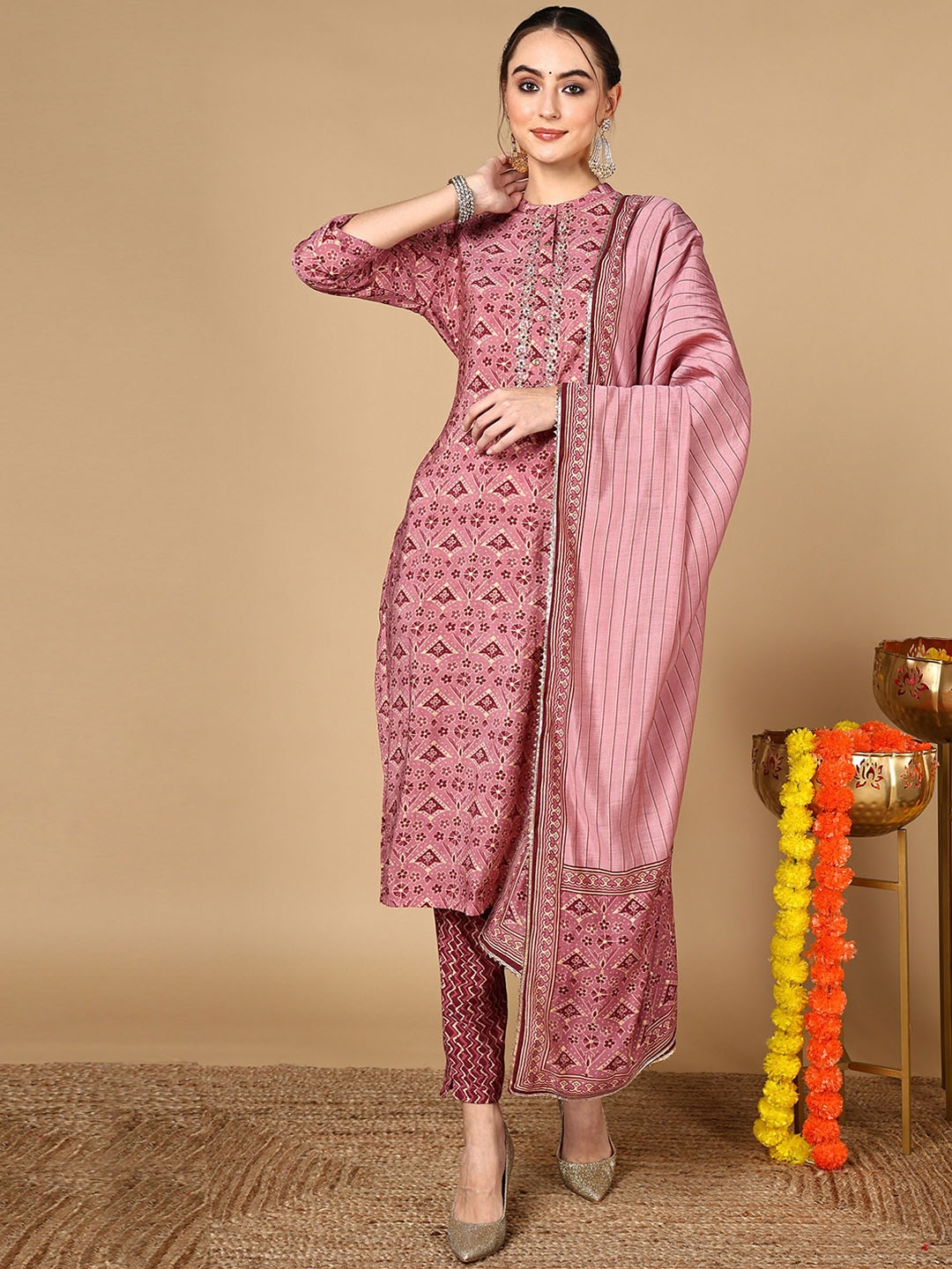 

HERE&NOW Ethnic Motifs Printed Regular Thread Work Kurta With Trousers & Dupatta, Rust