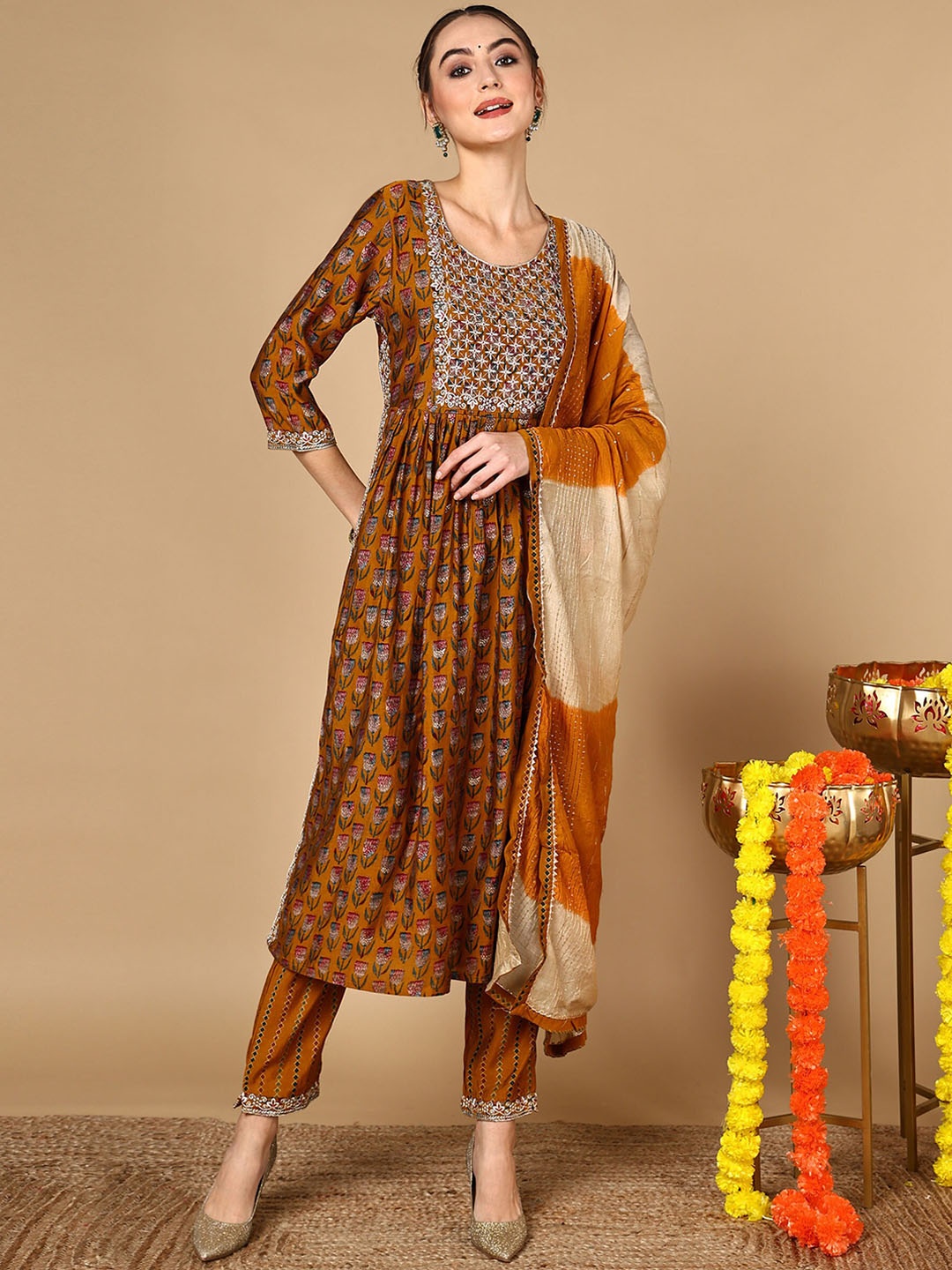 

HERE&NOW Ethnic Motifs Printed Thread Work Kurta With Trousers & Dupatta, Mustard