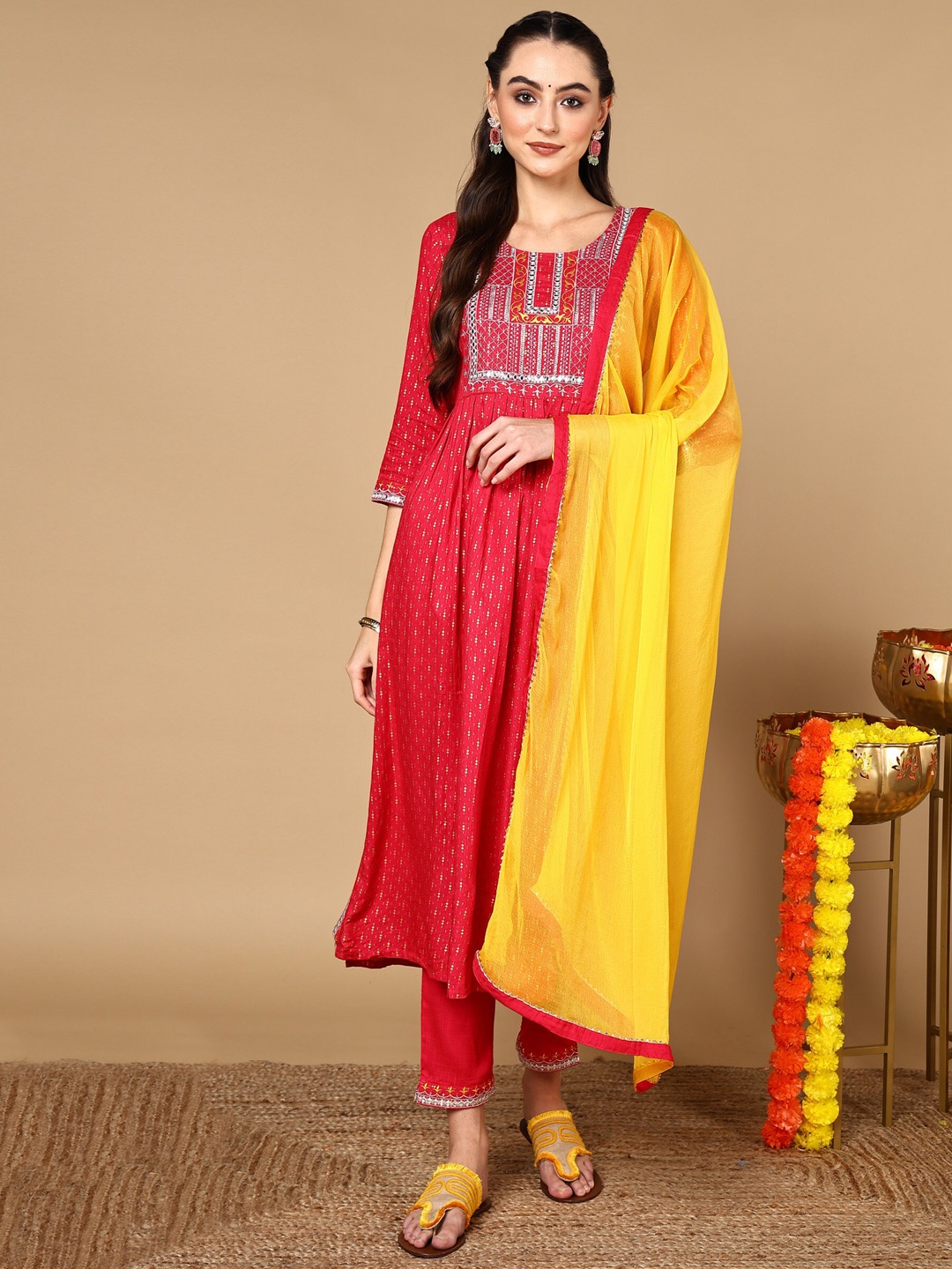 

HERE&NOW Ethnic Motifs Printed Regular Mirror Work Kurta With Trousers & Dupatta, Red