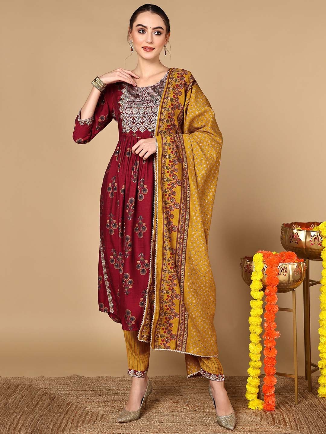 

HERE&NOW Maroon Ethnic Motifs Printed Regular A-Line Kurta & Pyjamas With Dupatta
