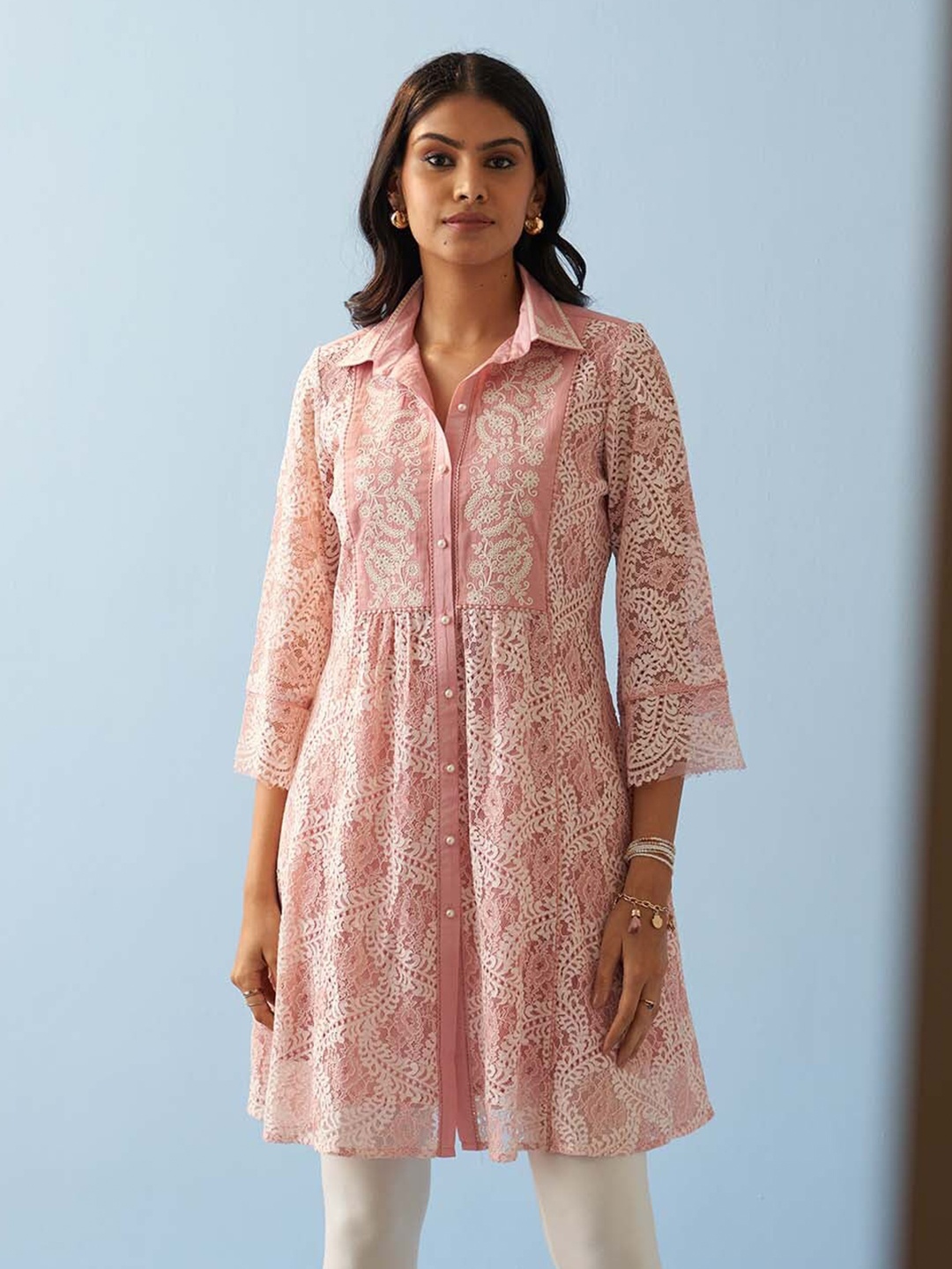 

Lakshita Ethnic Motifs Embroidered Lace Inserts Shirt Collar Ethnic Tunic, Pink