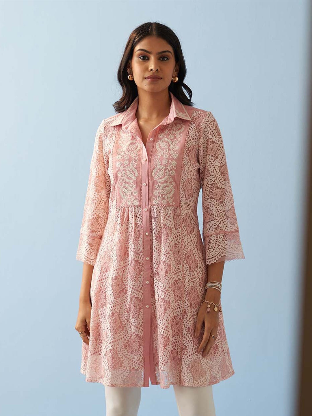 

Lakshita Ethnic Motifs Embroidered Lace Inserts Shirt Collar Ethnic Tunic, Pink