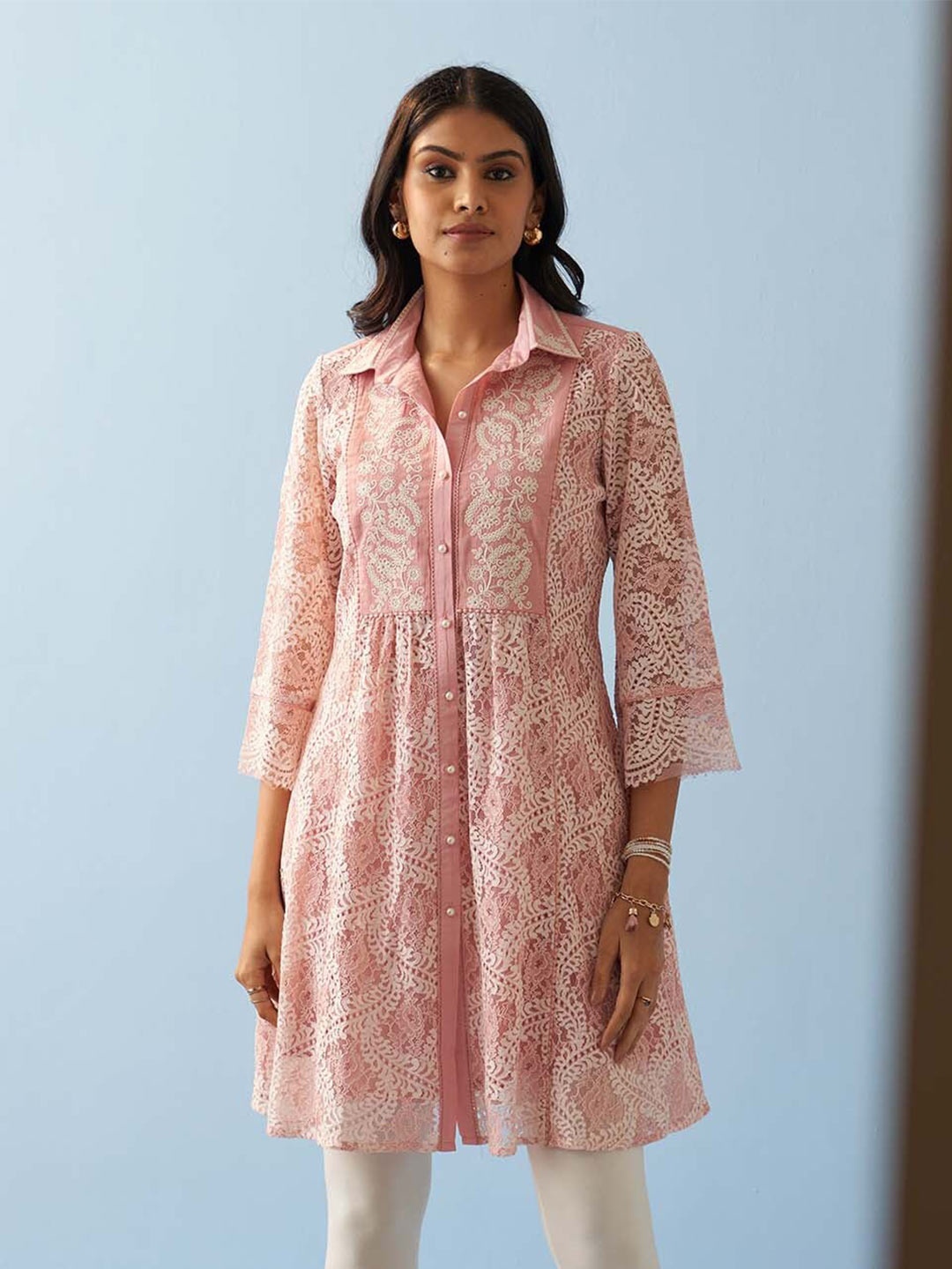 

Lakshita Ethnic Motifs Embroidered Lace Inserts Shirt Collar Ethnic Tunic, Pink