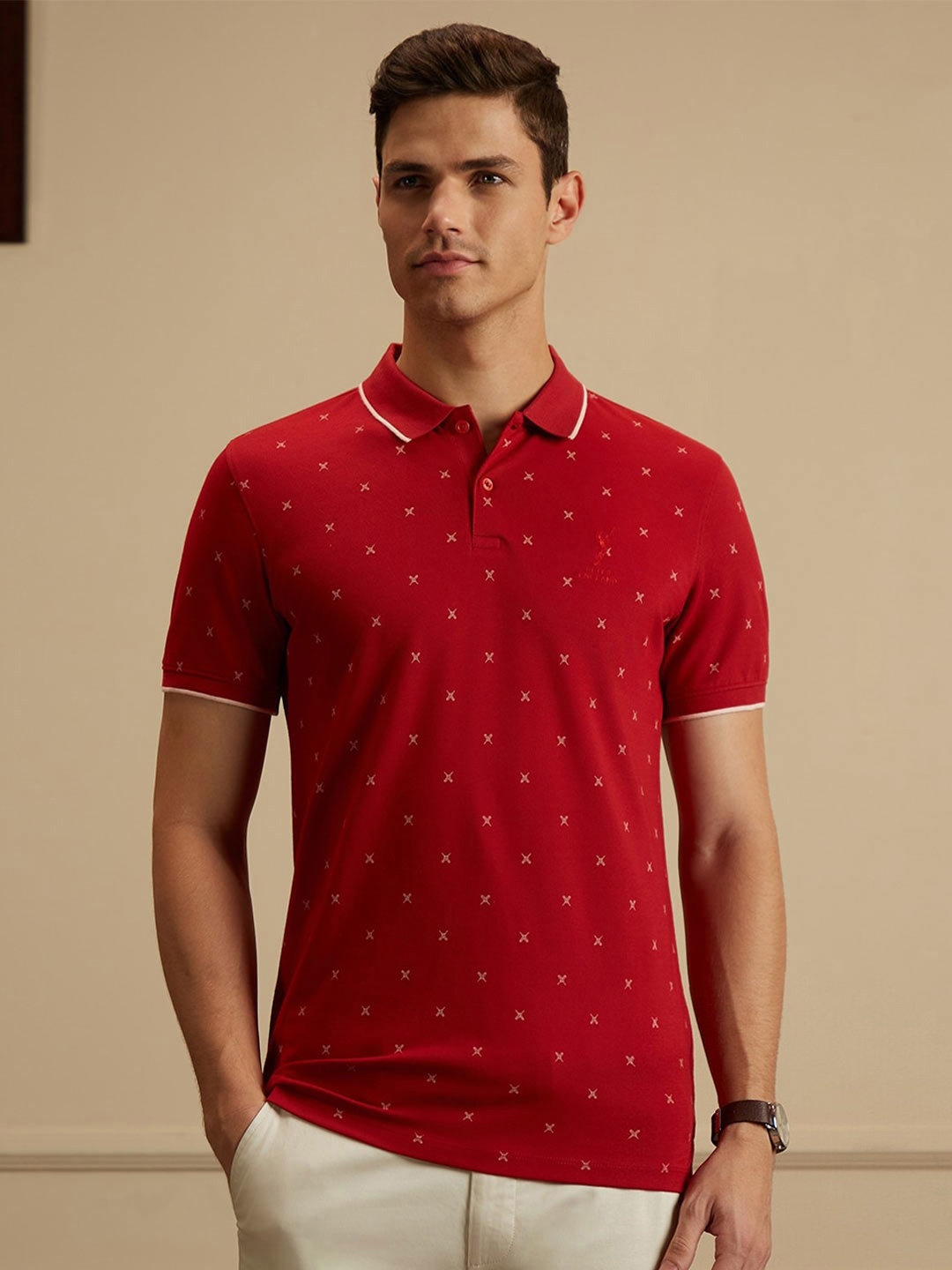 

Peter England Casuals Micro or Ditsy Printed Cricket Inspired Polo Collar Slim Fit T-shirt, Red