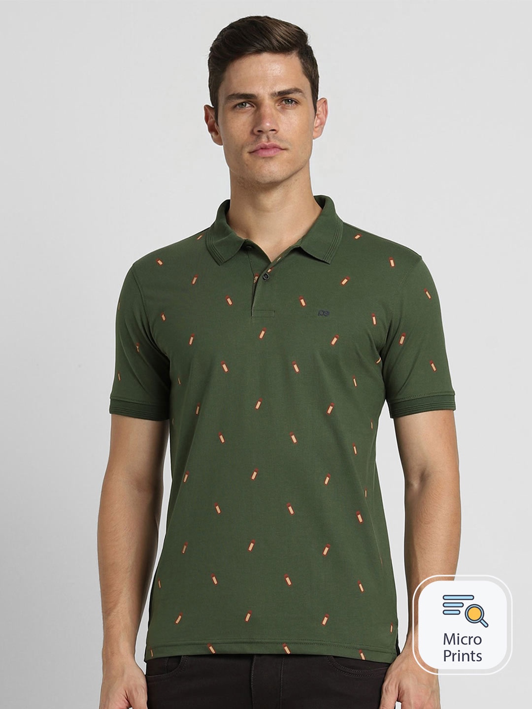 

Peter England Casuals Micro or Ditsy Printed Polo Collar Slim Fit T-shirt, Olive