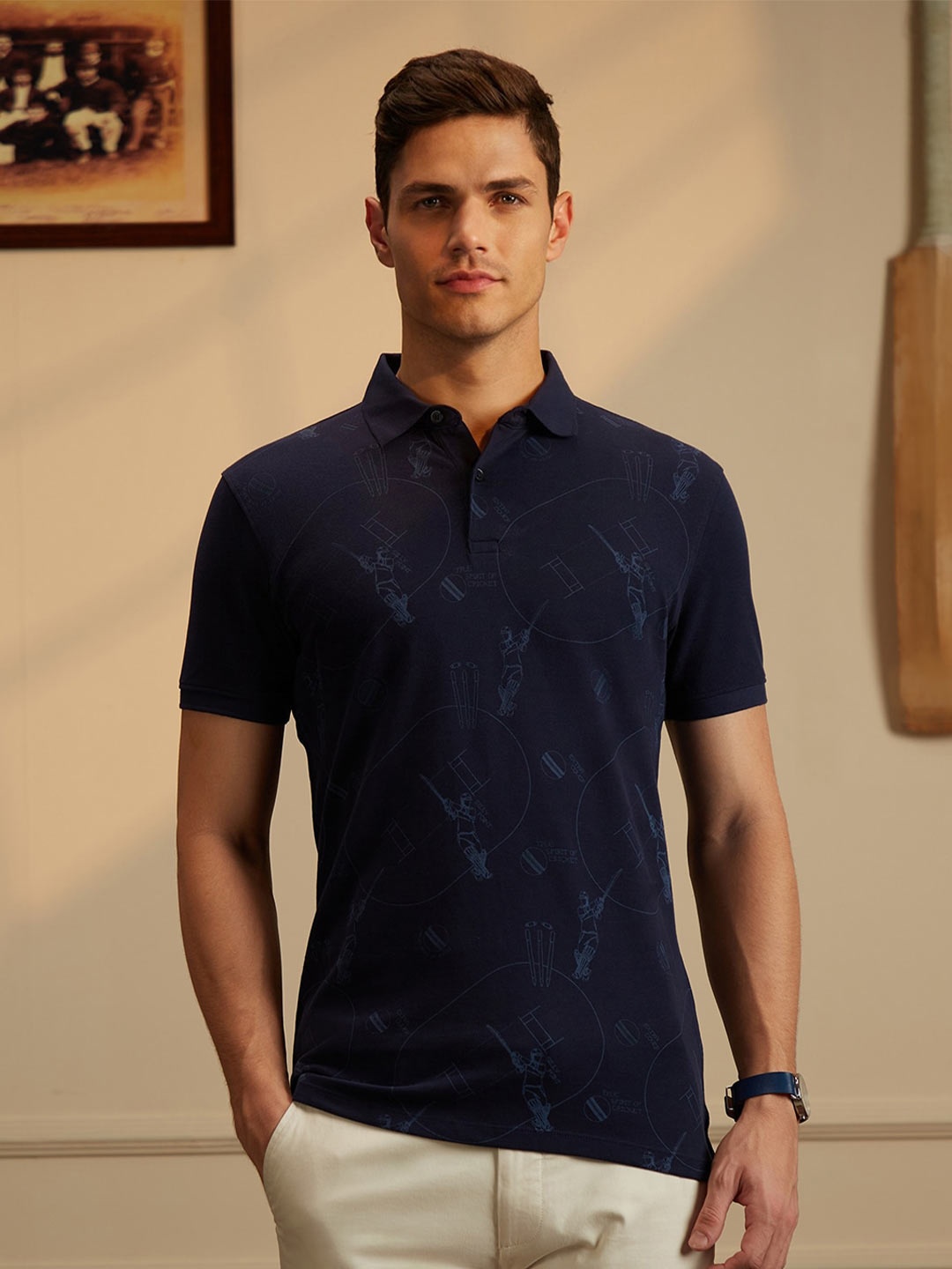 

Peter England Casuals Conversational Printed Polo Collar Slim Fit Cricket Inspired T-shirt, Navy blue