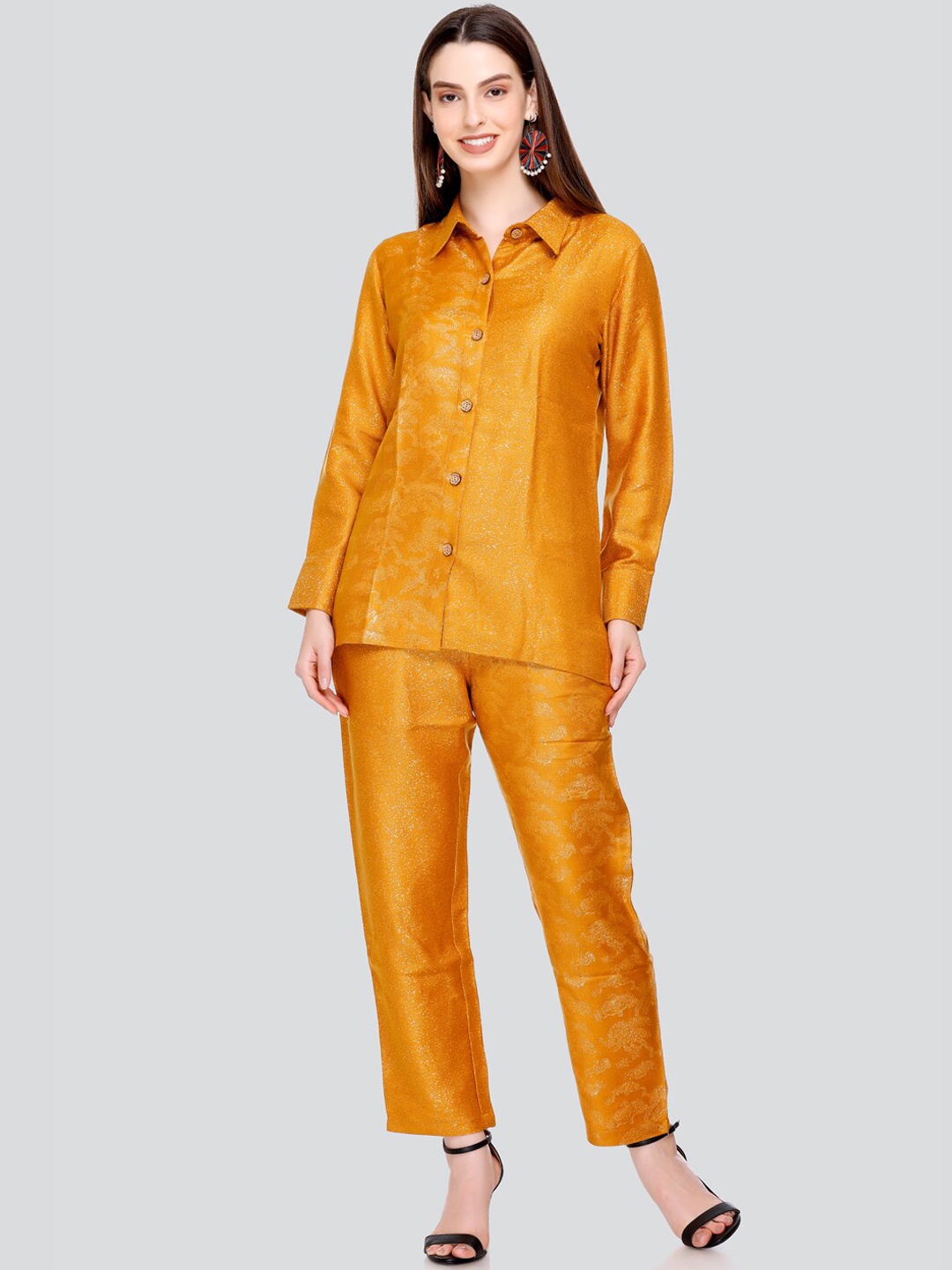 

HOUSE OF KIRNA'S WITH LOGO OF HOK Floral Printed Acrylic Shirt With Trousers, Mustard