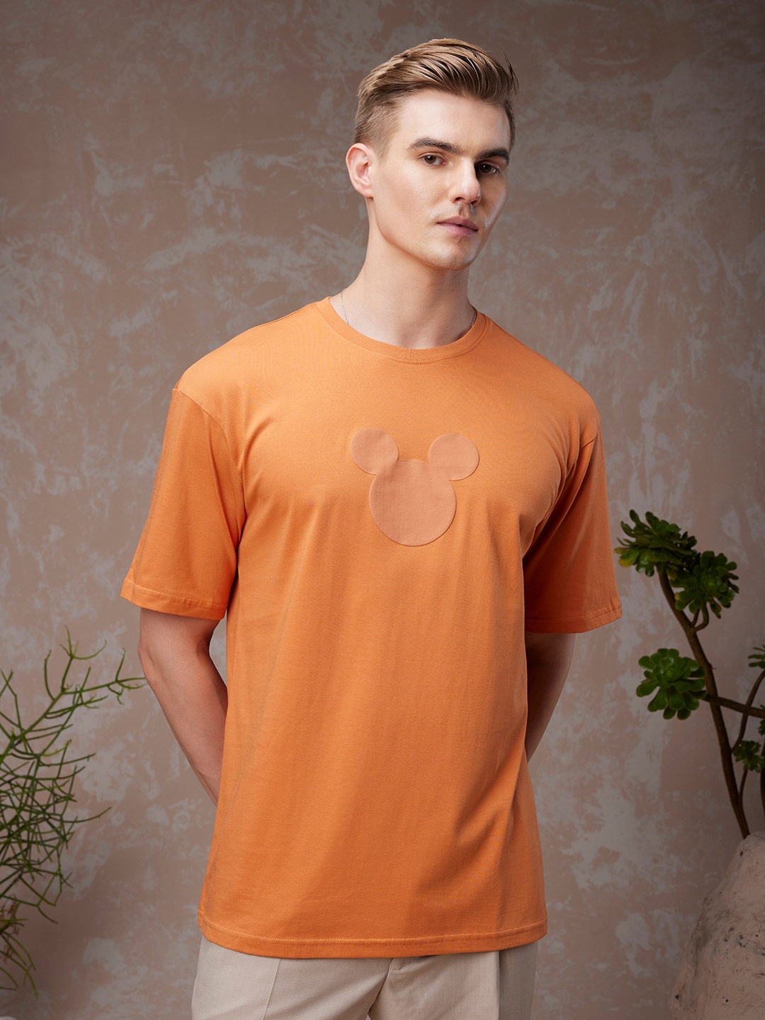 

Bewakoof American Pima Mickey Mouse Printed Round Neck Cotton Cotton Oversized T-shirt, Orange