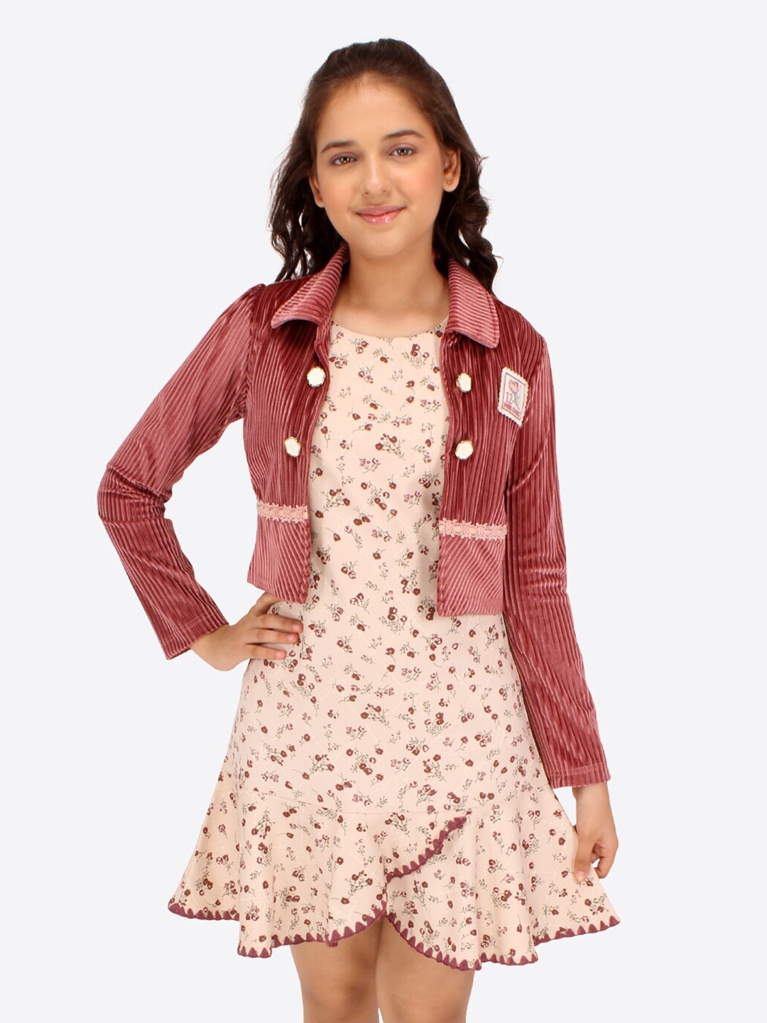 CUTECUMBER Girls Floral Printed Tulip A-Line Dress With Jacket, Rust
