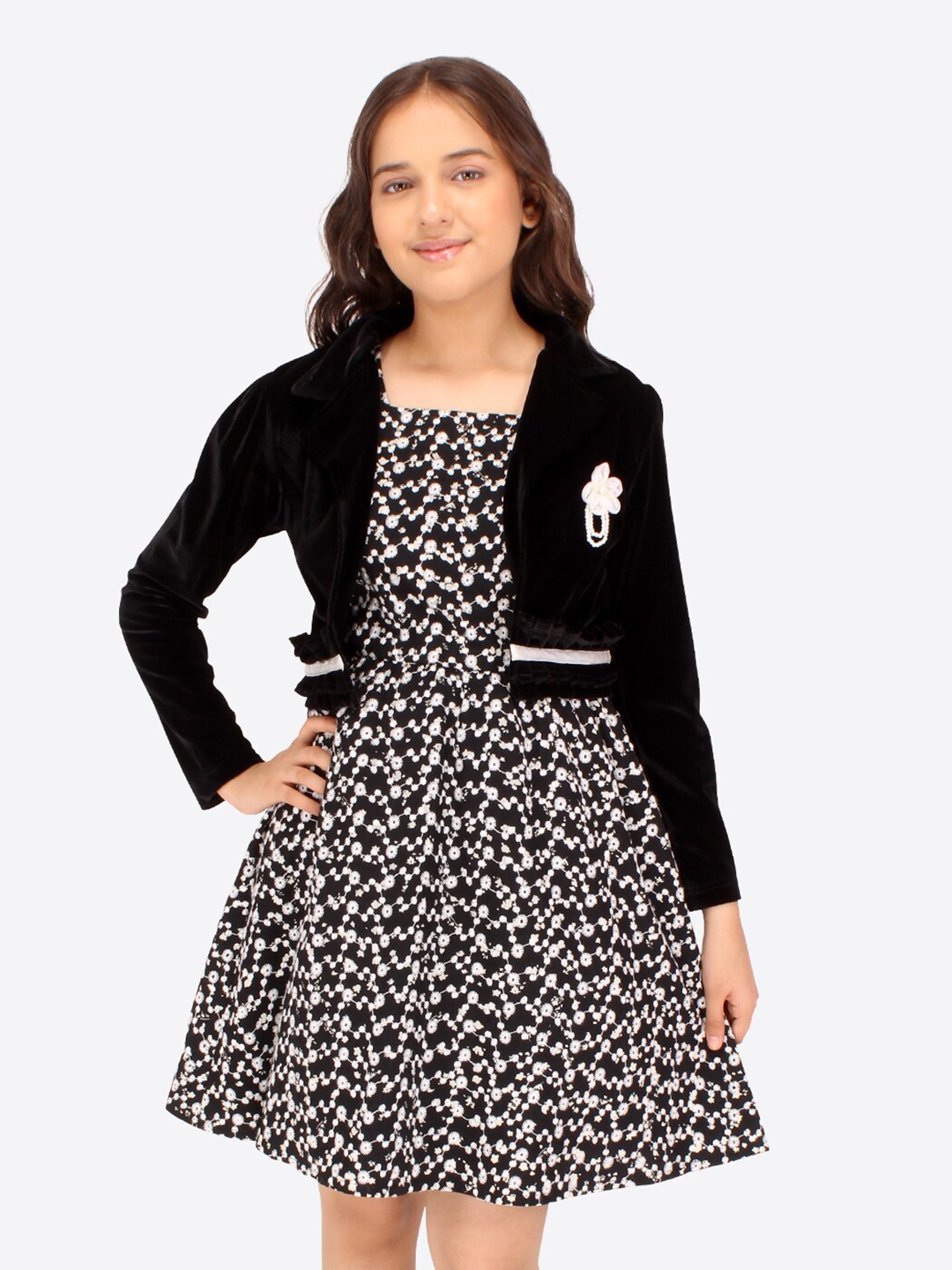 

CUTECUMBER Girls Abstract Printed Fit & Flare Dress With Shrug, Black