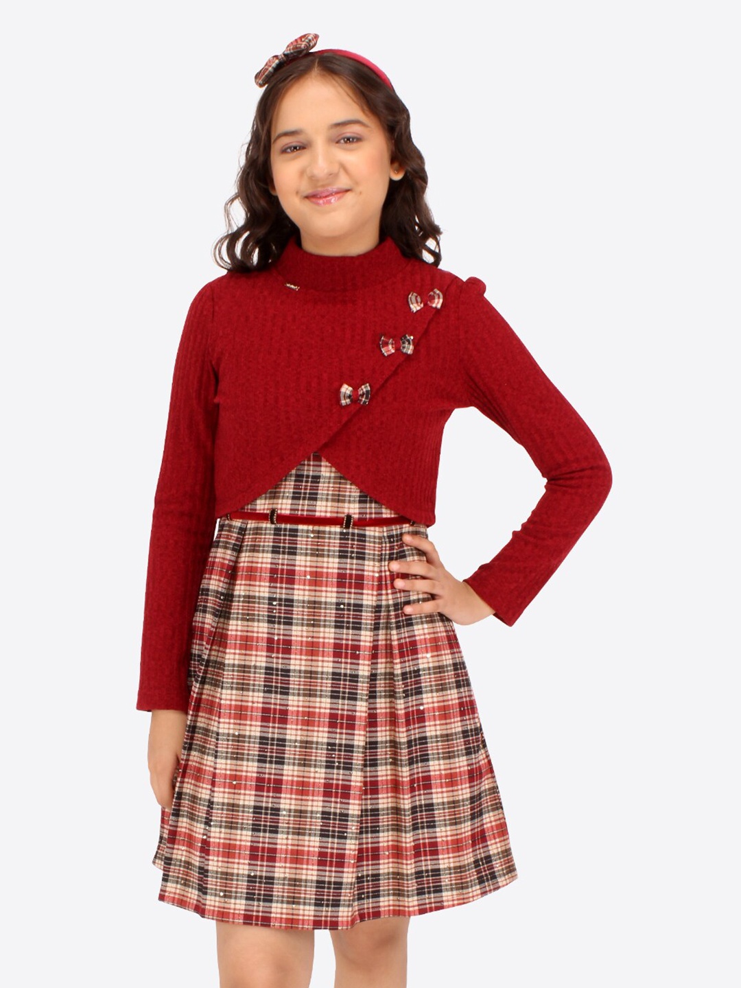 

CUTECUMBER Girls Checked Sleeveless Wool A-Line Dress With Shrug, Maroon