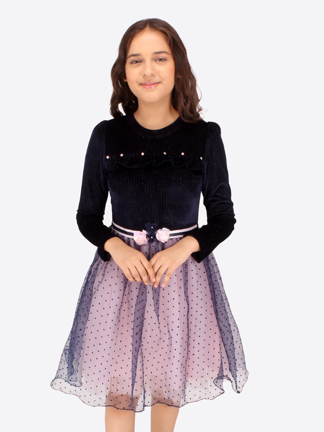 

CUTECUMBER Girls Polka Dot Printed Fit & Flare Dress, Navy blue