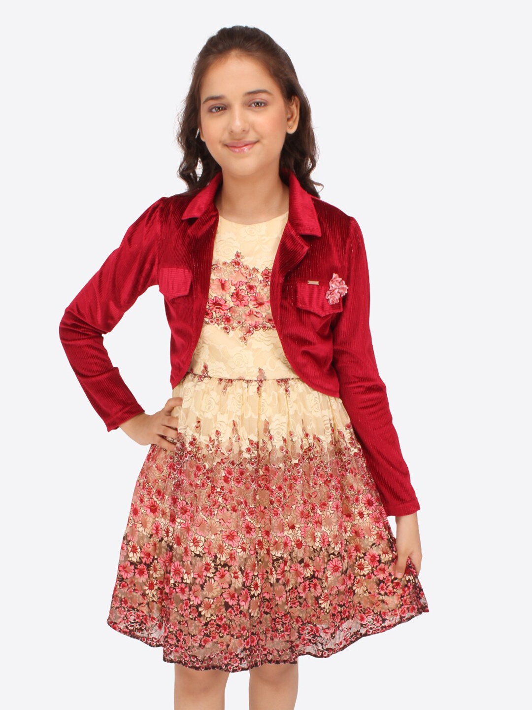 

CUTECUMBER Floral Printed Fit & Flare Dress With Waistcoat, Maroon