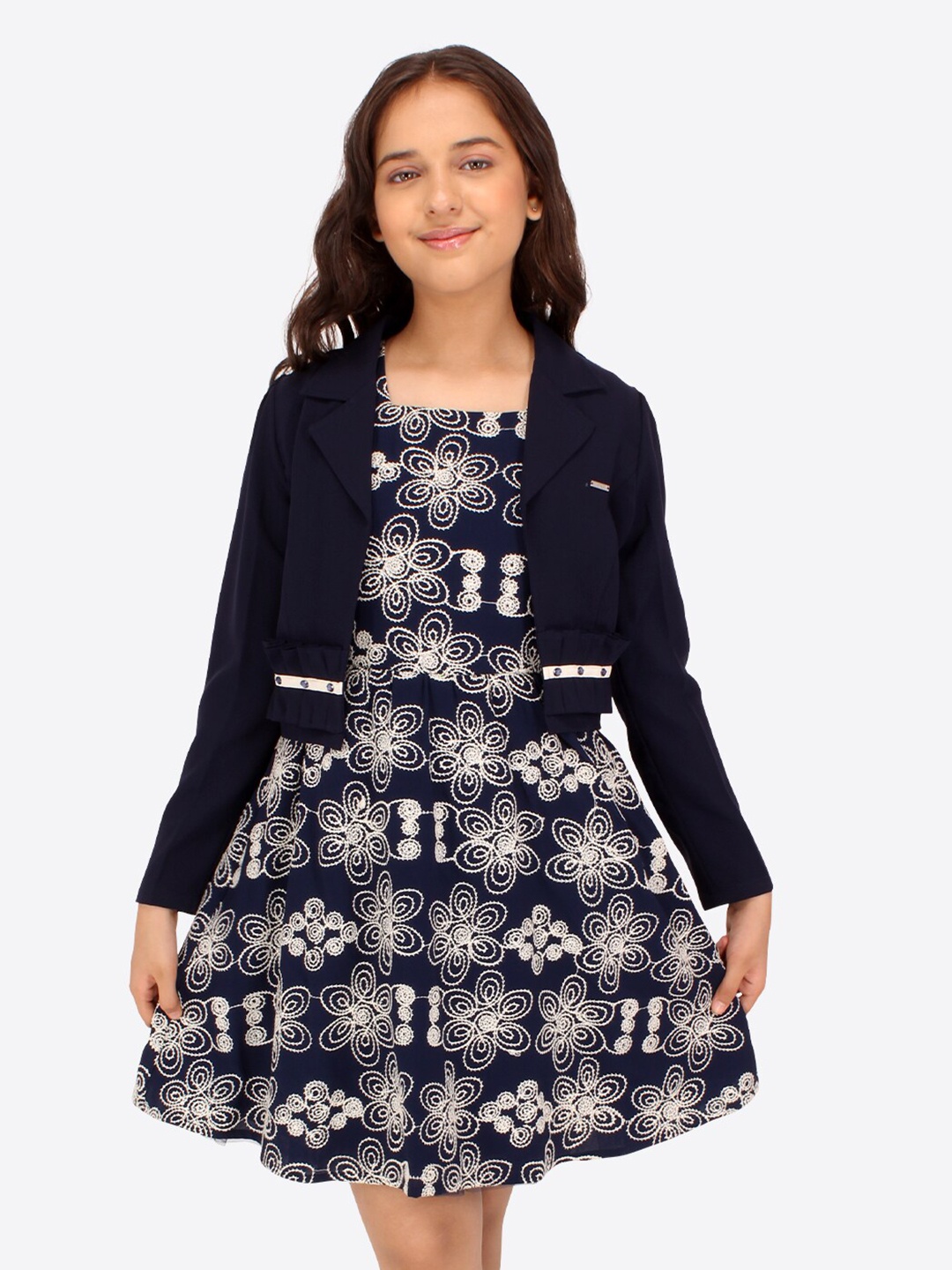 

CUTECUMBER Girls Floral Printed Sleeveless Fit & Flare Dress With Shrug, Navy blue