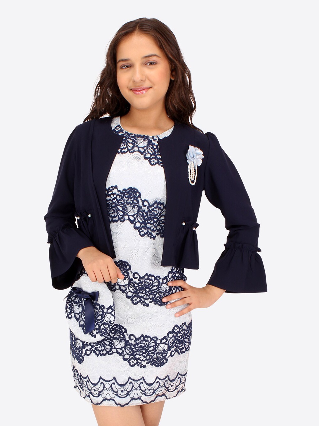 

CUTECUMBER Girls Floral Printed Sleeveless Sheath Dress With Shrug, Navy blue