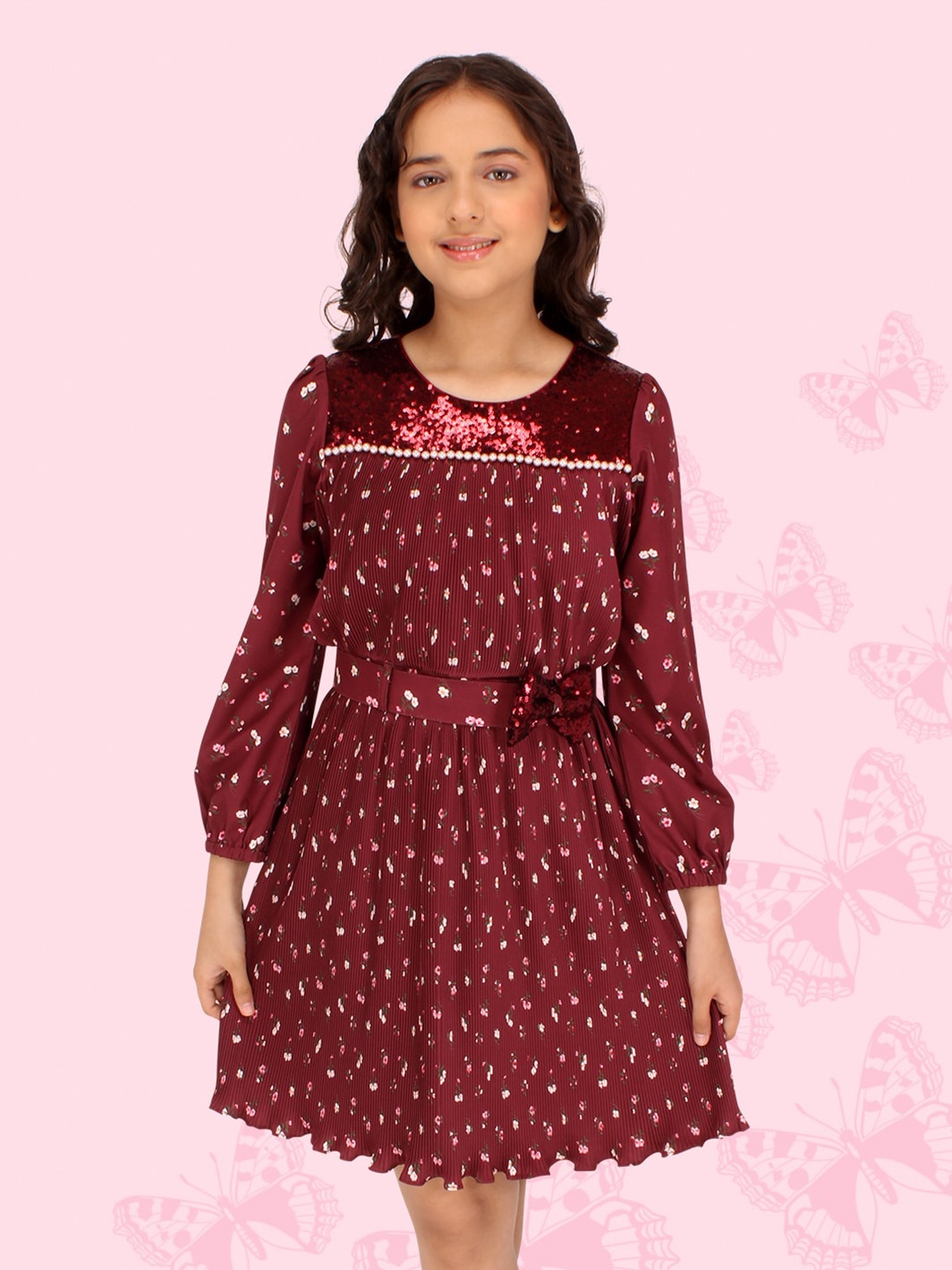 

CUTECUMBER Girls Abstract Printed Sequined Georgette Fit & Flare Dress, Maroon