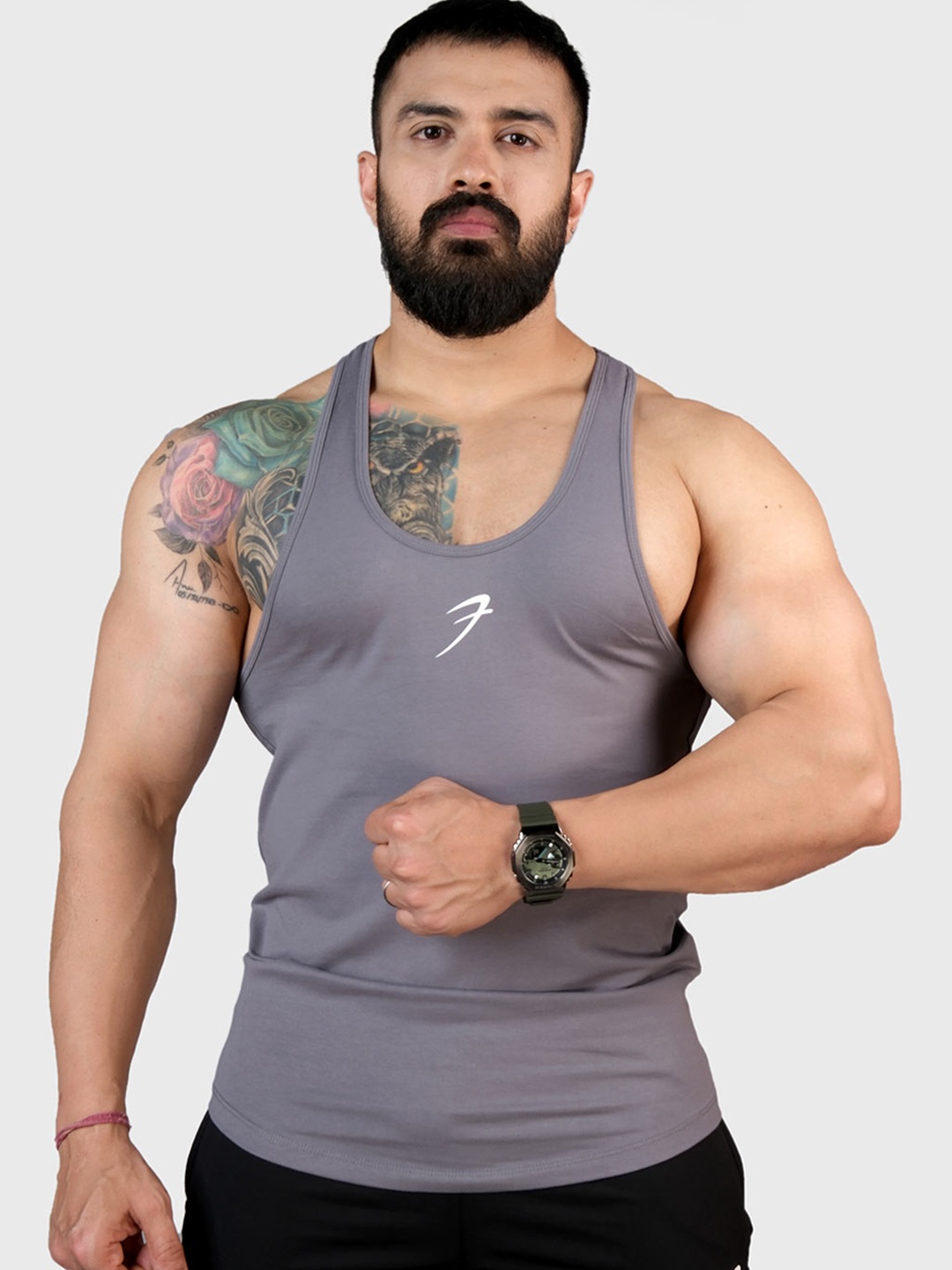 

FUAARK Round Neck Cotton Sports & Gym Vests, Grey