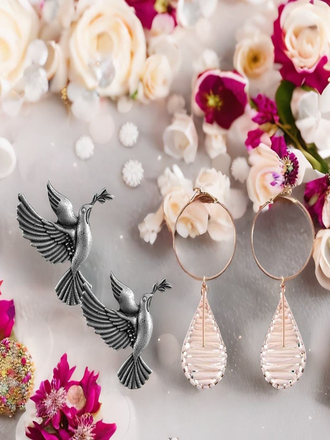 

UNIVERSITY TRENDZ Set of 2 Silver-Plated Studded & Beaded Oxidized Classic Earrings