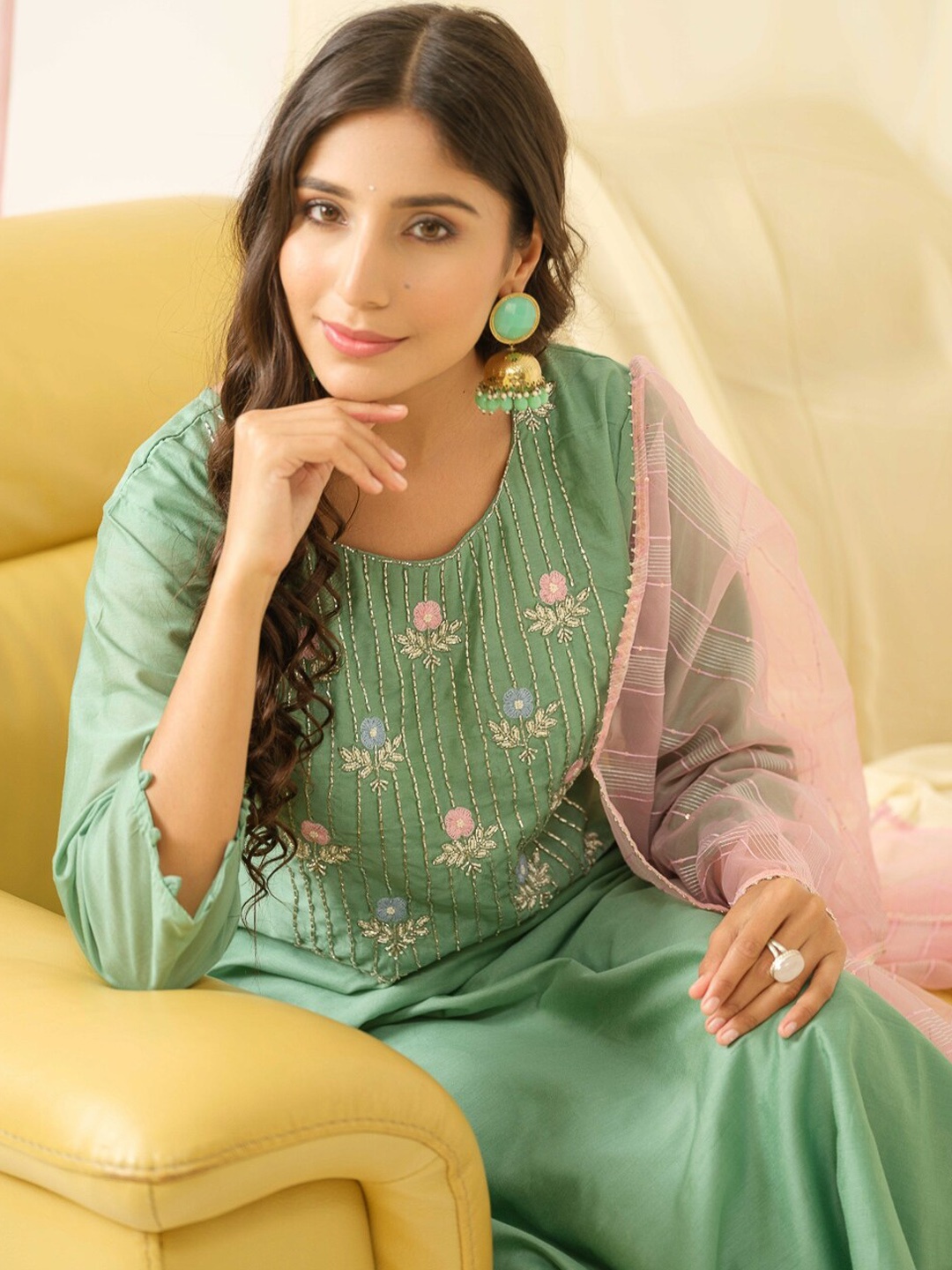 

Sangria Floral Yoke Design Thread Work Straight Kurta & Trouser With dupatta, Sea green