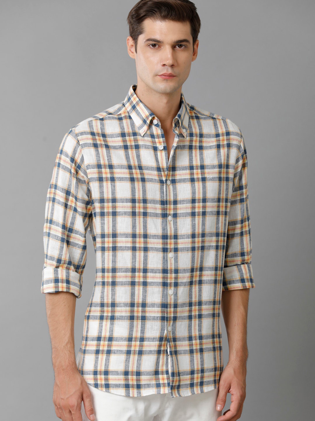 

Aldeno Comfort Tartan Checked Button-Down Collar Pure Cotton Casual Shirt, Cream