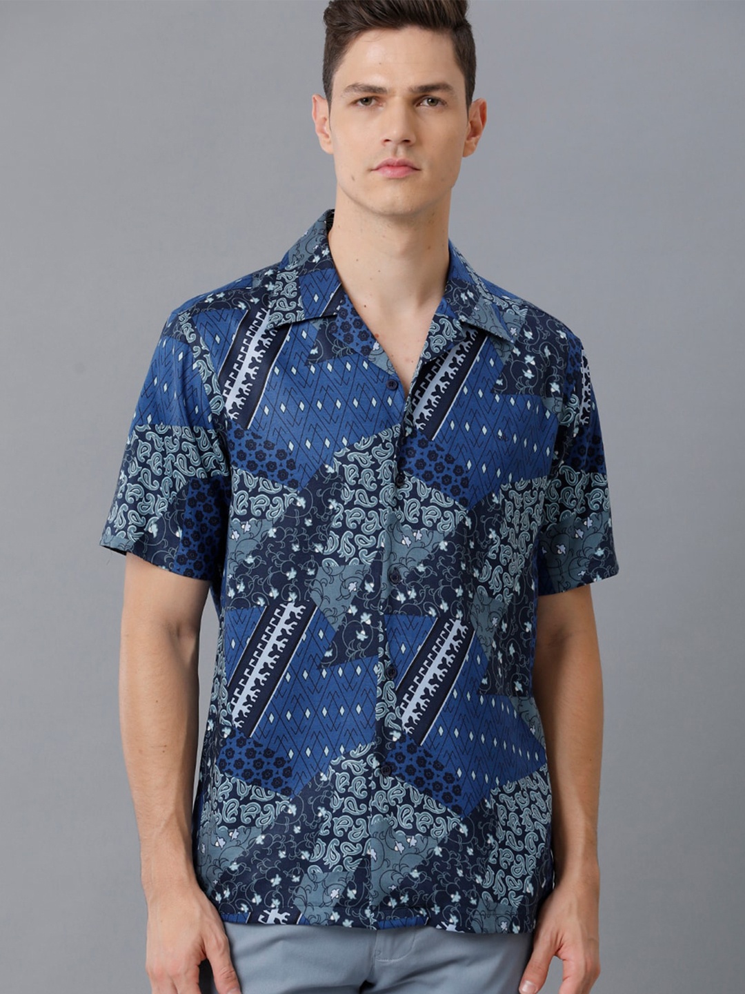 

Aldeno Comfort Floral Printed Cuban Collar Pure Cotton Casual Shirt, Blue