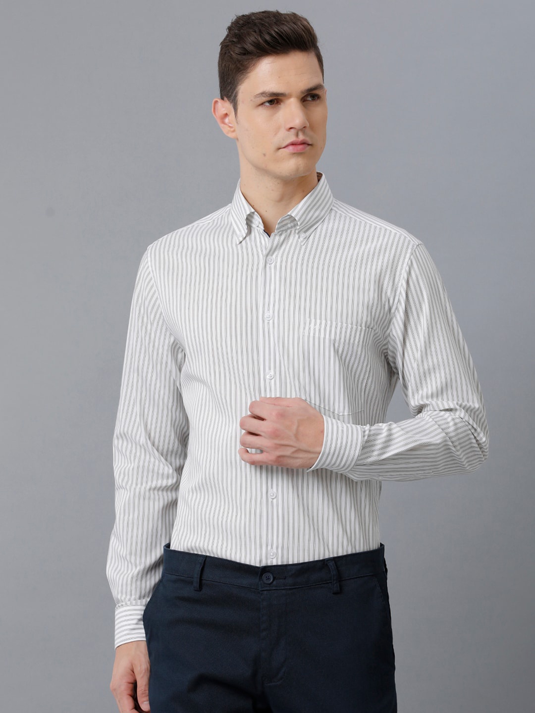 

Aldeno India Slim Vertical Stripes Button-Down Collar Cotton Casual Shirt, Grey