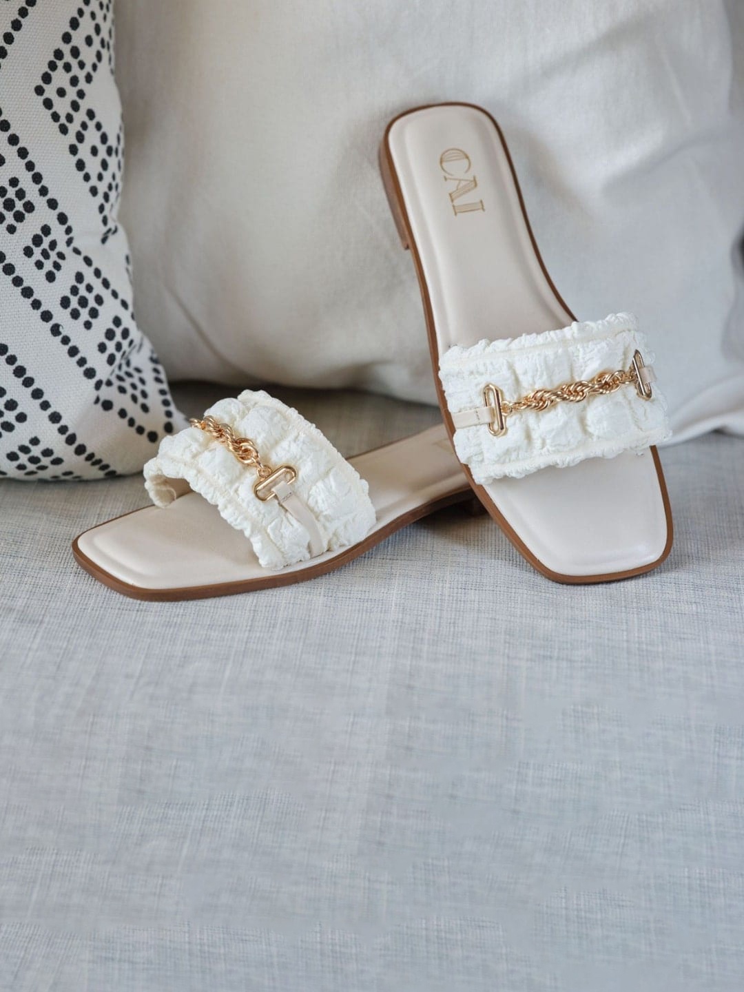 

CAI Embellished Open Toe Flats, Cream