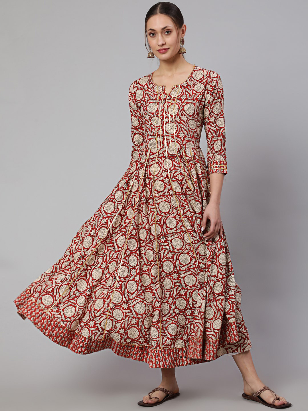 

GLAM ROOTS Ethnic Motifs Printed Pure Cotton Anarkali Kurta, Red