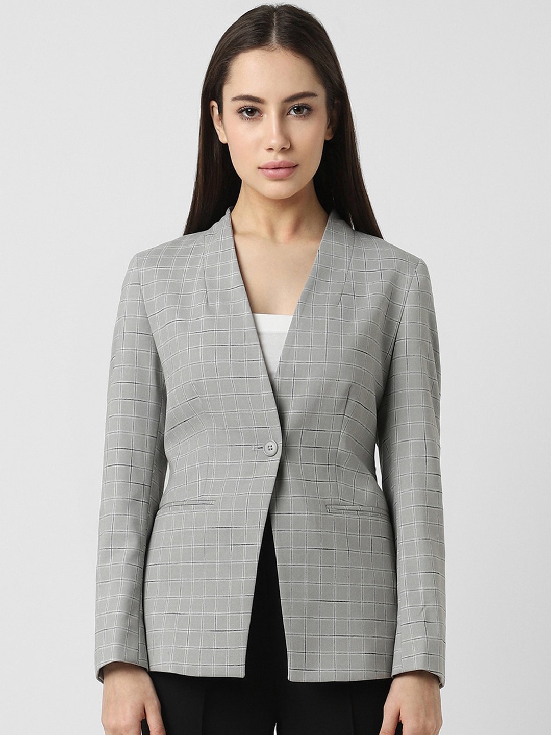 

Van Heusen Woman Checked Notched Lapel Single Breasted Blazer, Grey
