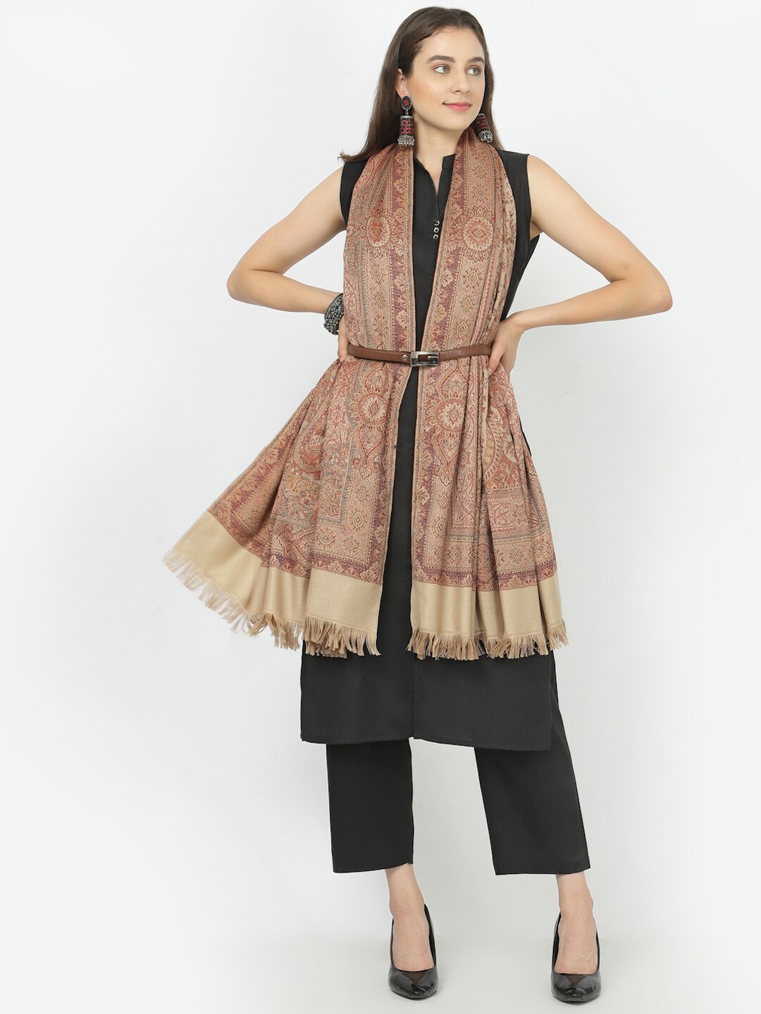 

WEAVERS VILLA Women Ethnic Motifs Woven Design Shawl, Beige