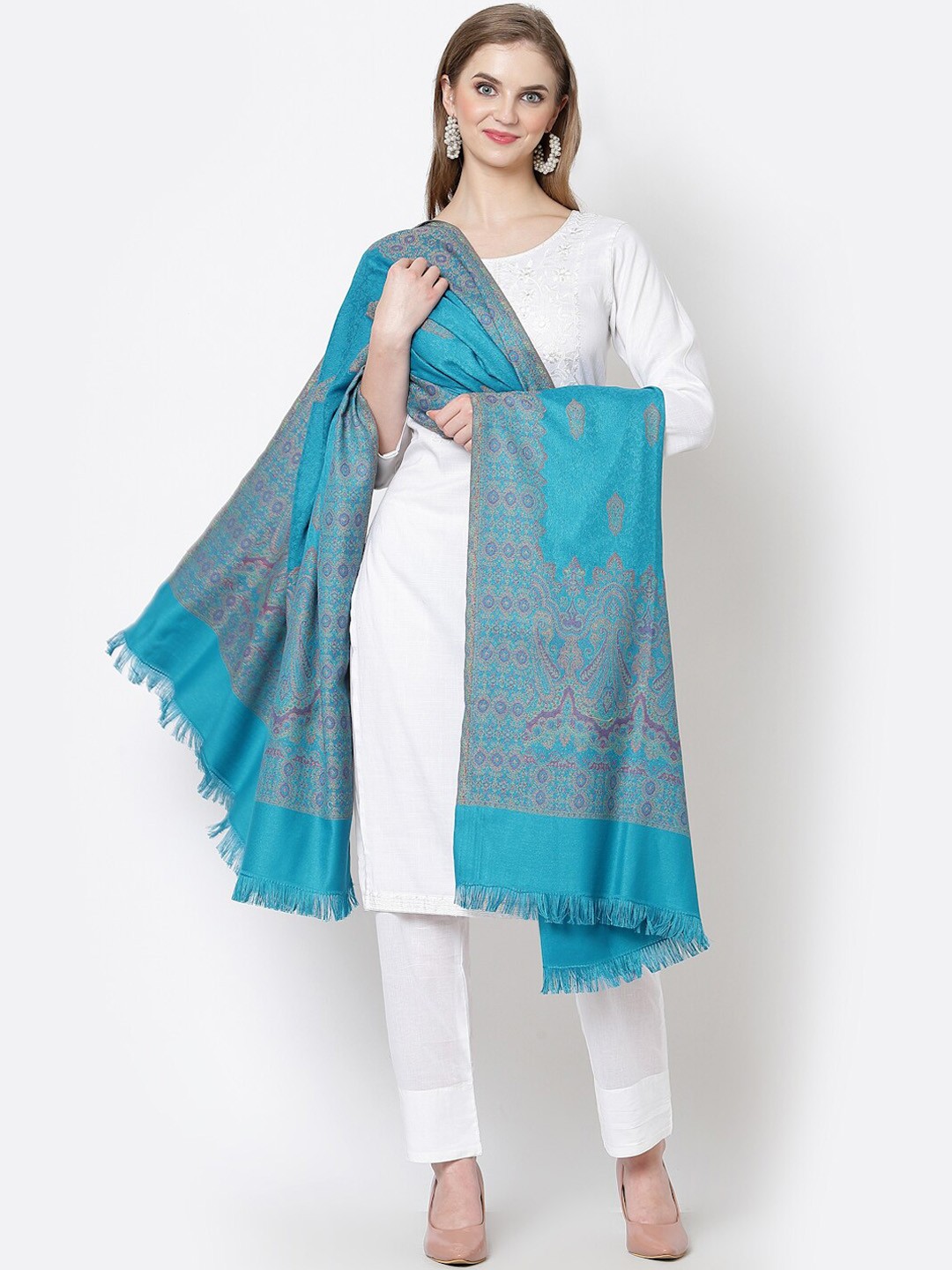 

WEAVERS VILLA Ethnic Motifs Woven Design Shawl, Turquoise blue