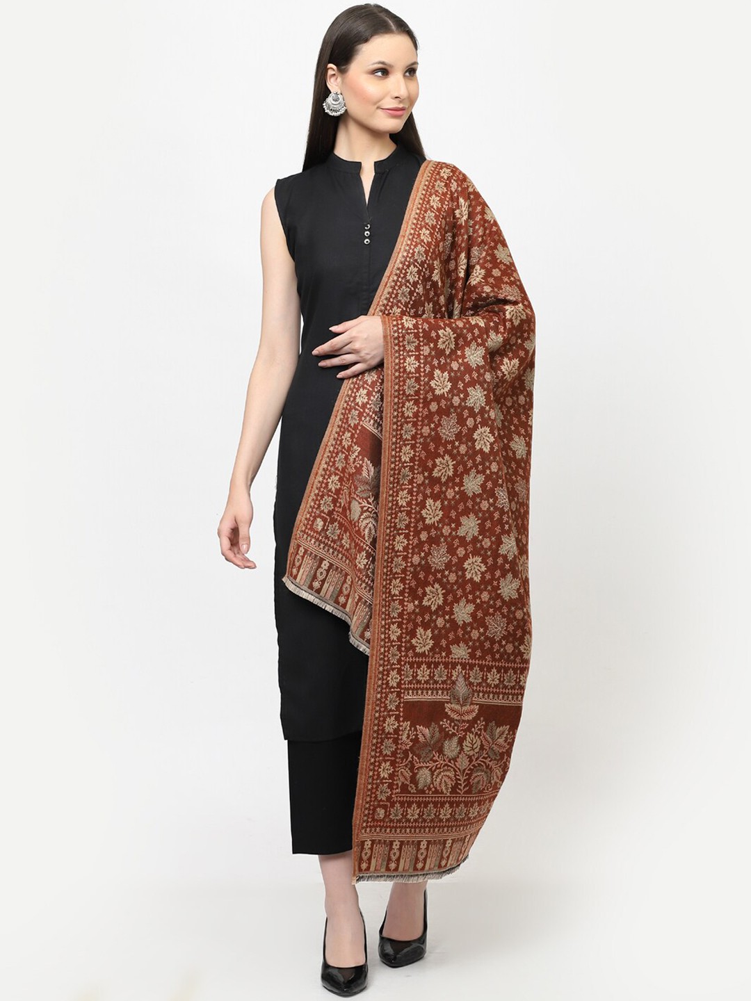 

WEAVERS VILLA Floral Woven Design Shawl, Rust